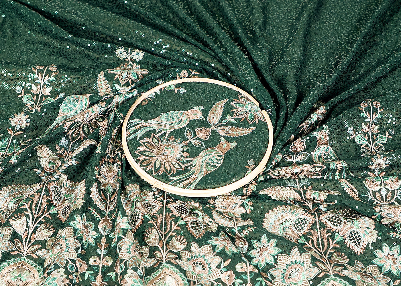 Bottle Green Georgette Fabric With Allover Sequins And Thread Work With One Side Heavy Border 16188