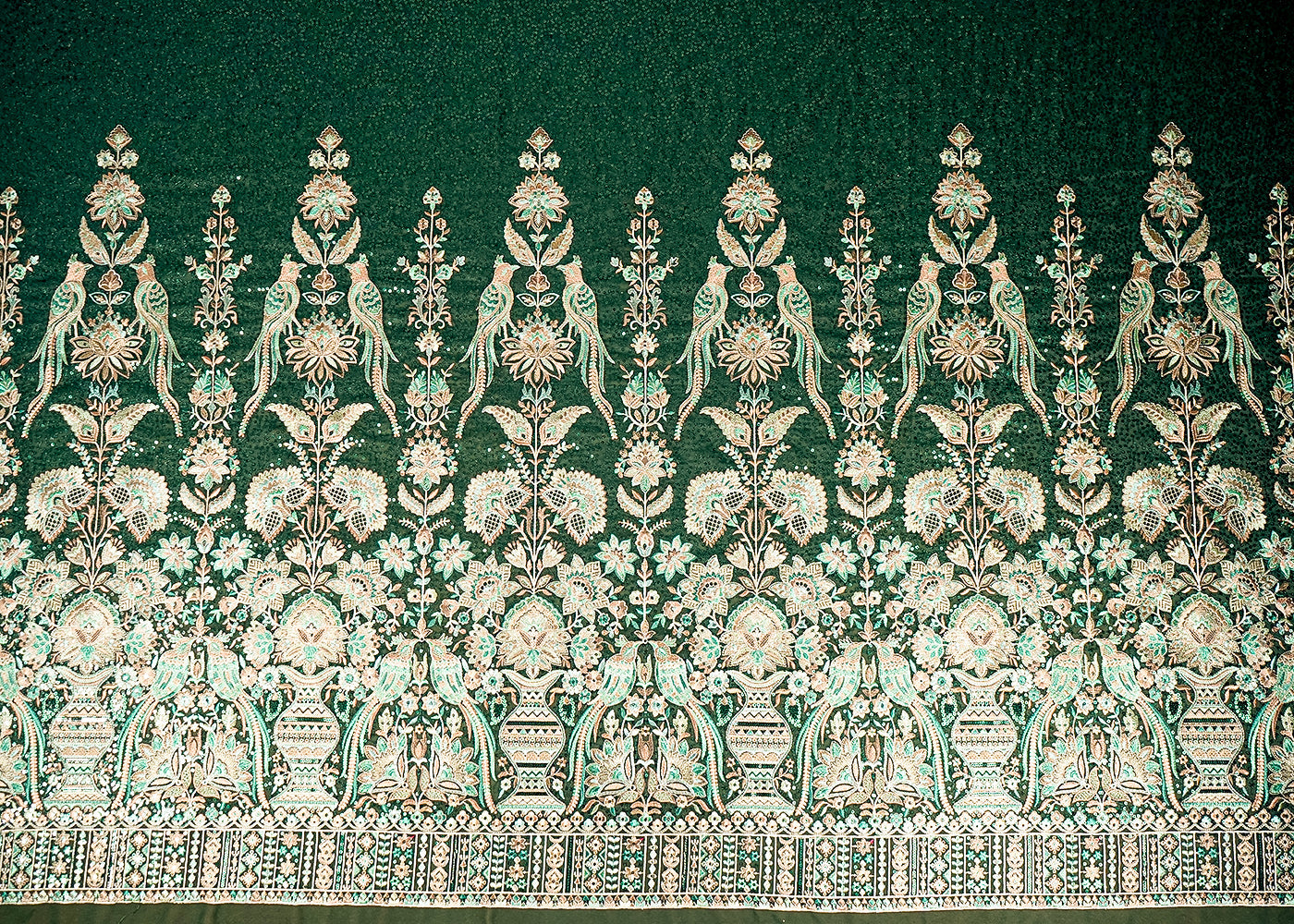 Bottle Green Georgette Fabric With Allover Sequins And Thread Work With One Side Heavy Border 16188