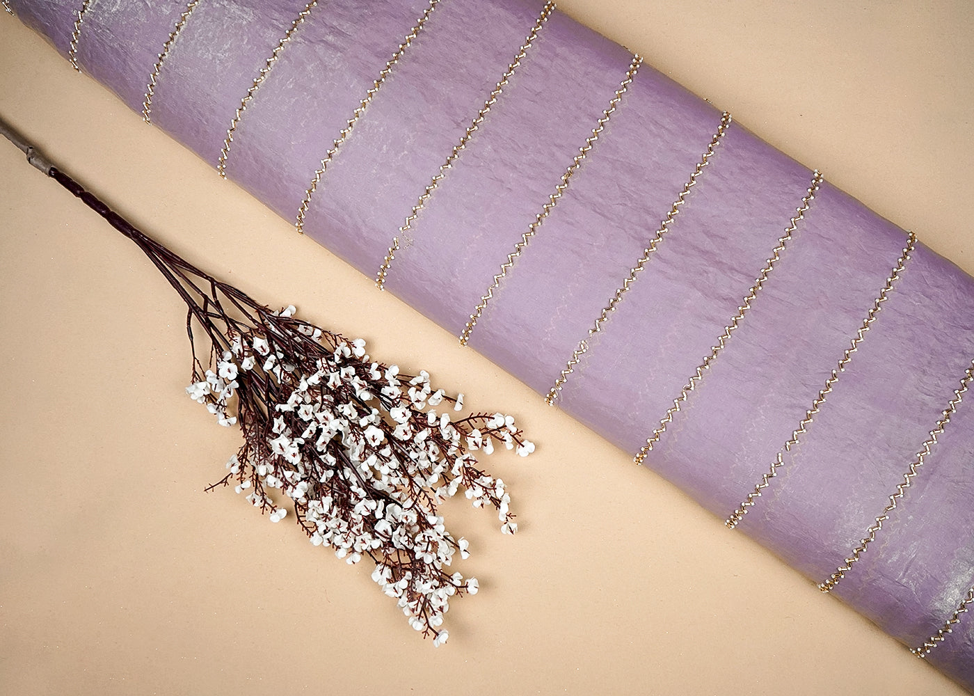 Lavender Silk, Tissue Allover Stripes Of Katdana And Bead Work 16190
