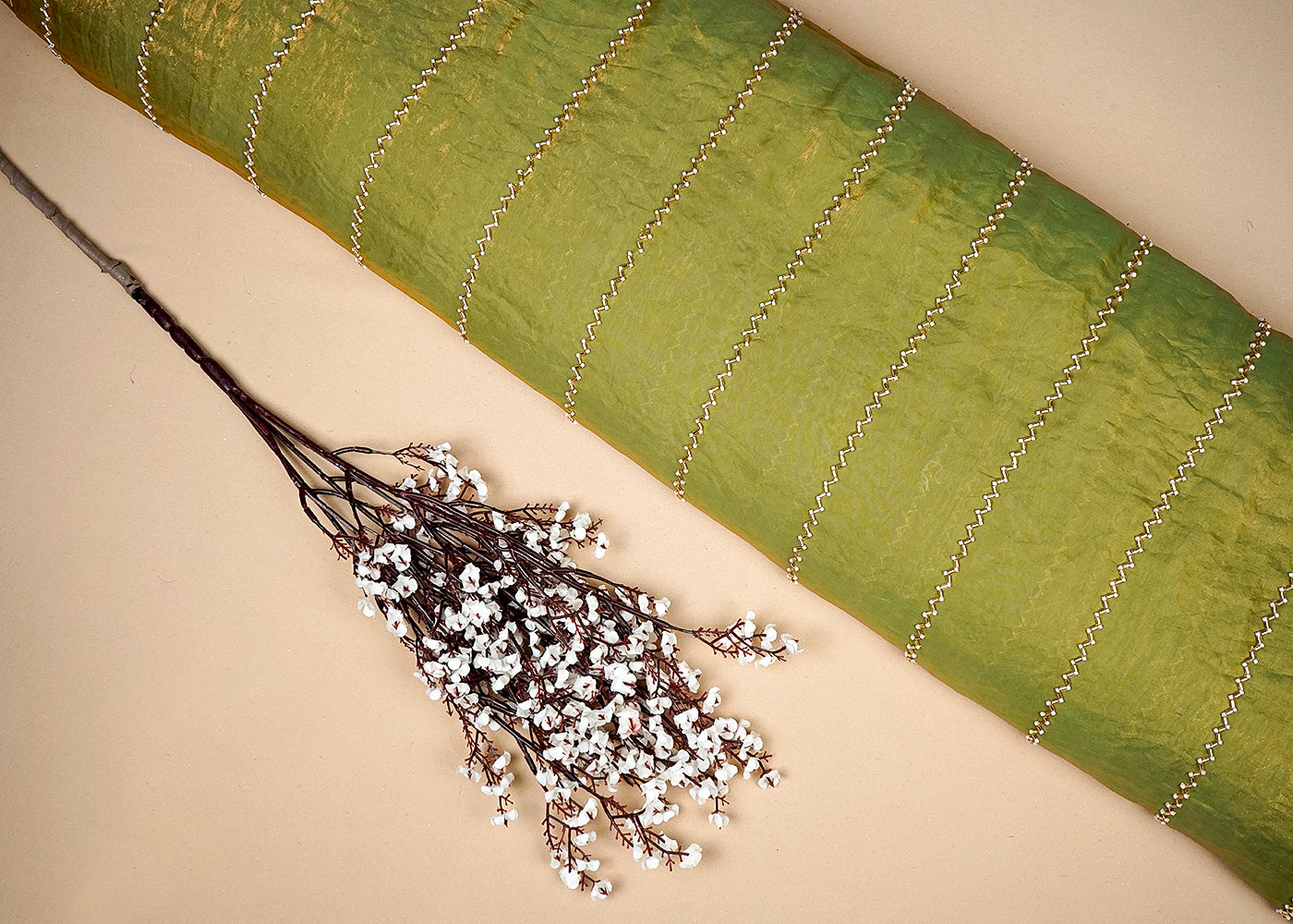 Sage Green Silk, Tissue Allover Stripes Of Katdana And Bead Work 16191