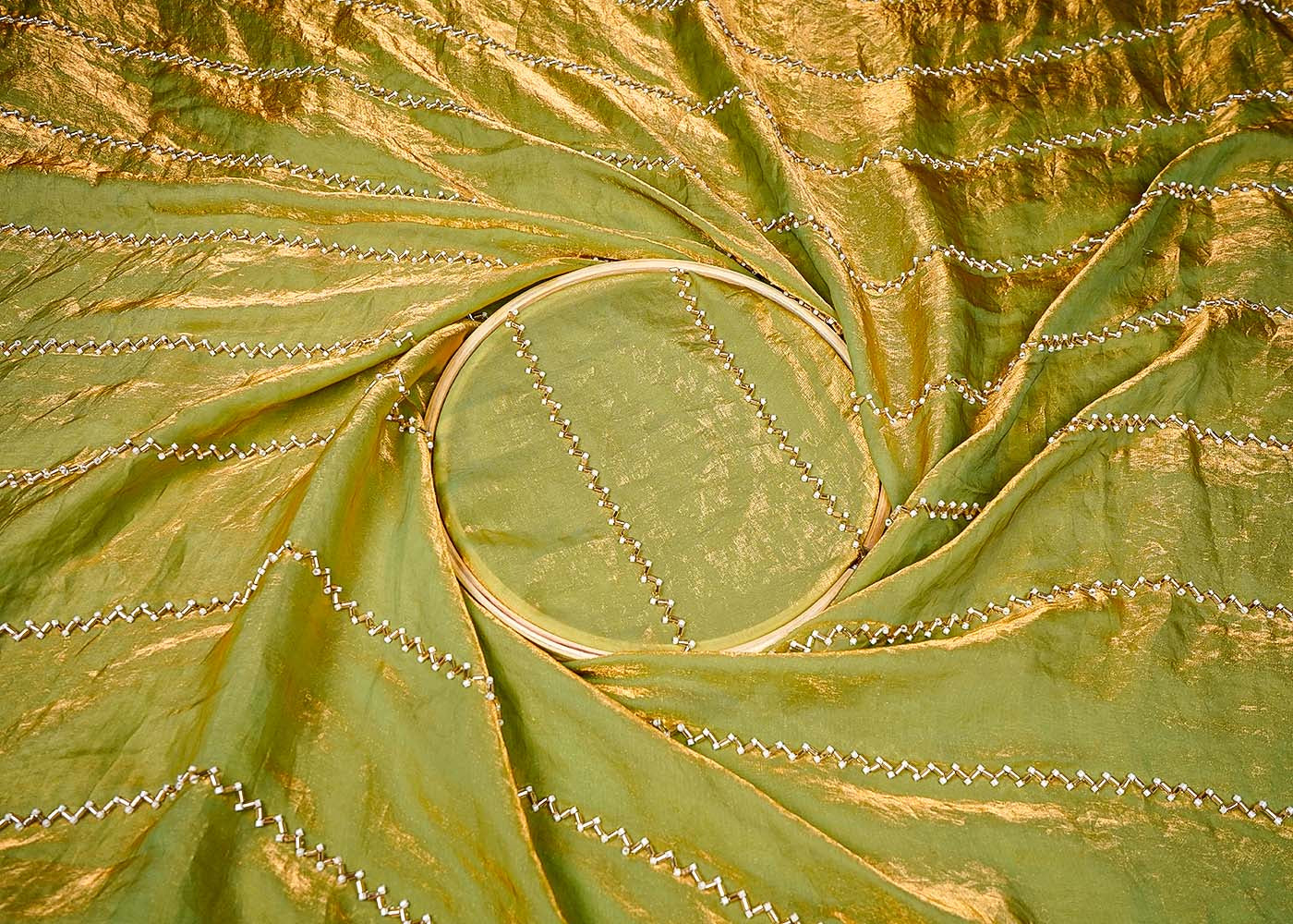 Sage Green Silk, Tissue Allover Stripes Of Katdana And Bead Work 16191