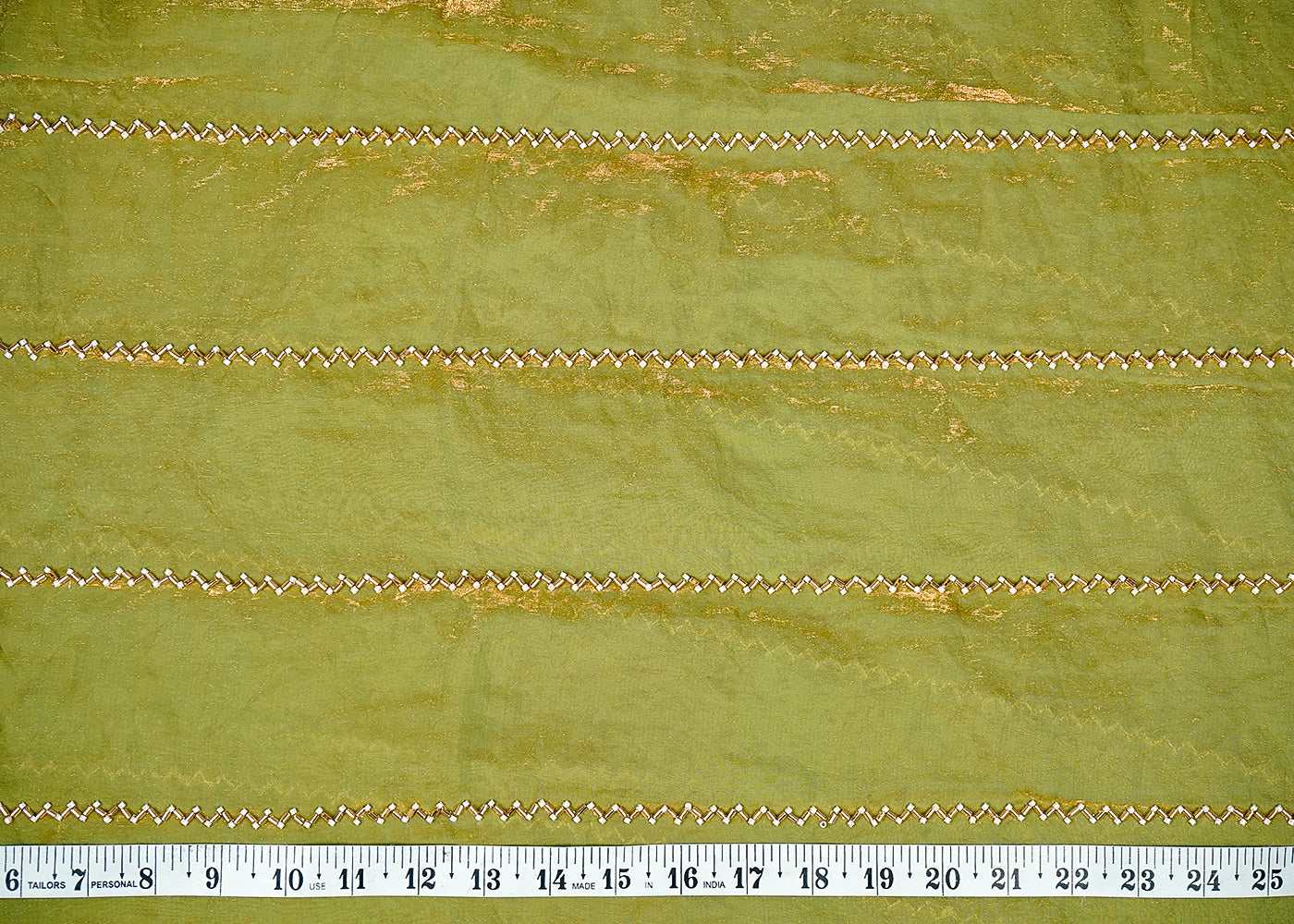 Sage Green Silk, Tissue Allover Stripes Of Katdana And Bead Work 16191