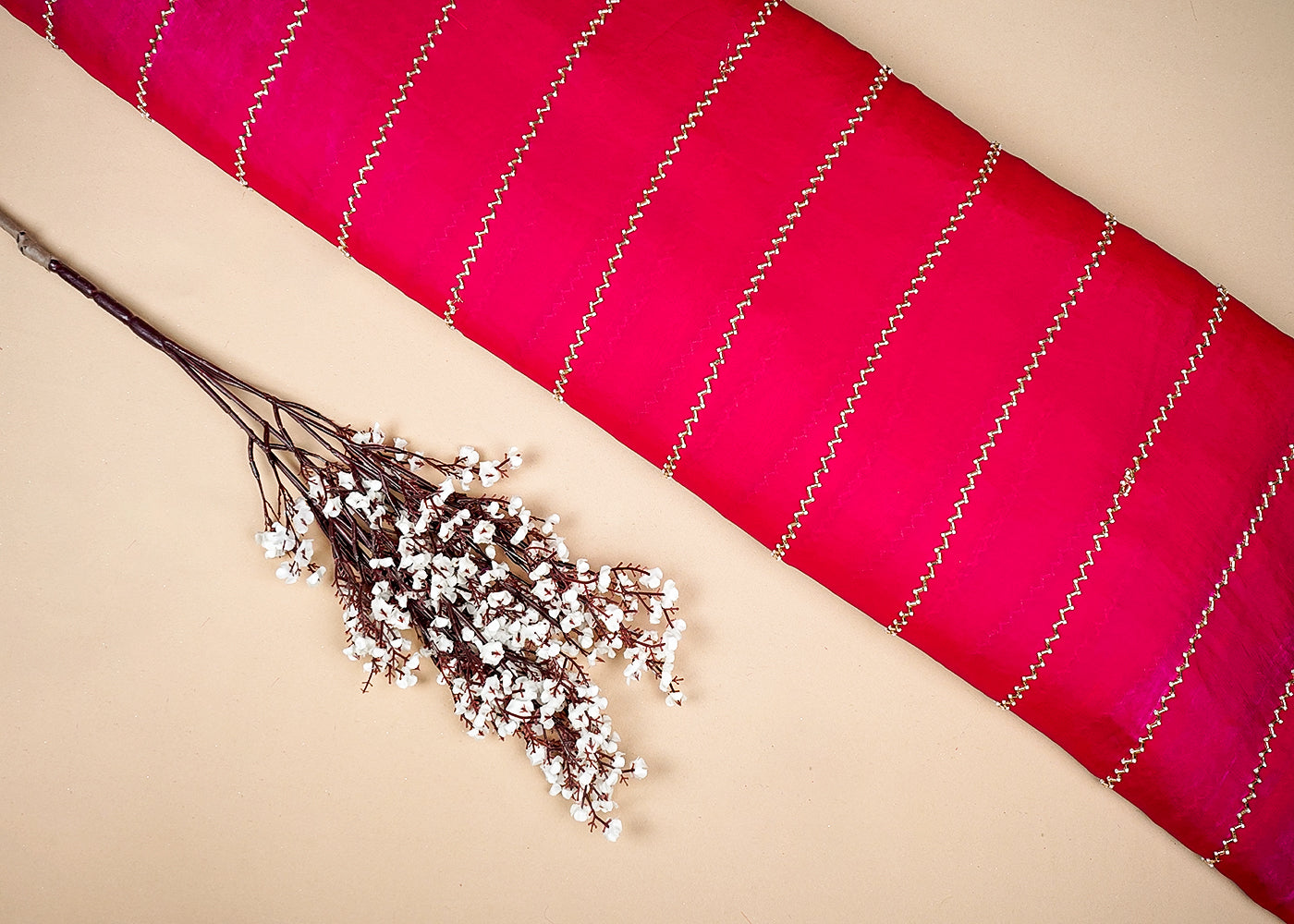 Rani Pink Silk, Tissue Fabric With Allover Stripes Of Katdana And Bead Work 16192