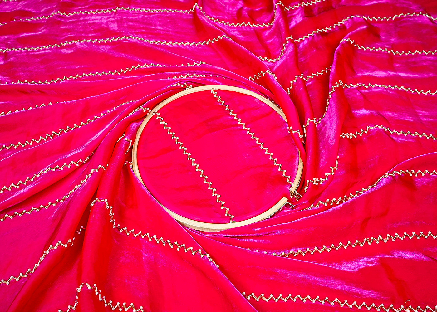 Rani Pink Silk, Tissue Fabric With Allover Stripes Of Katdana And Bead Work 16192