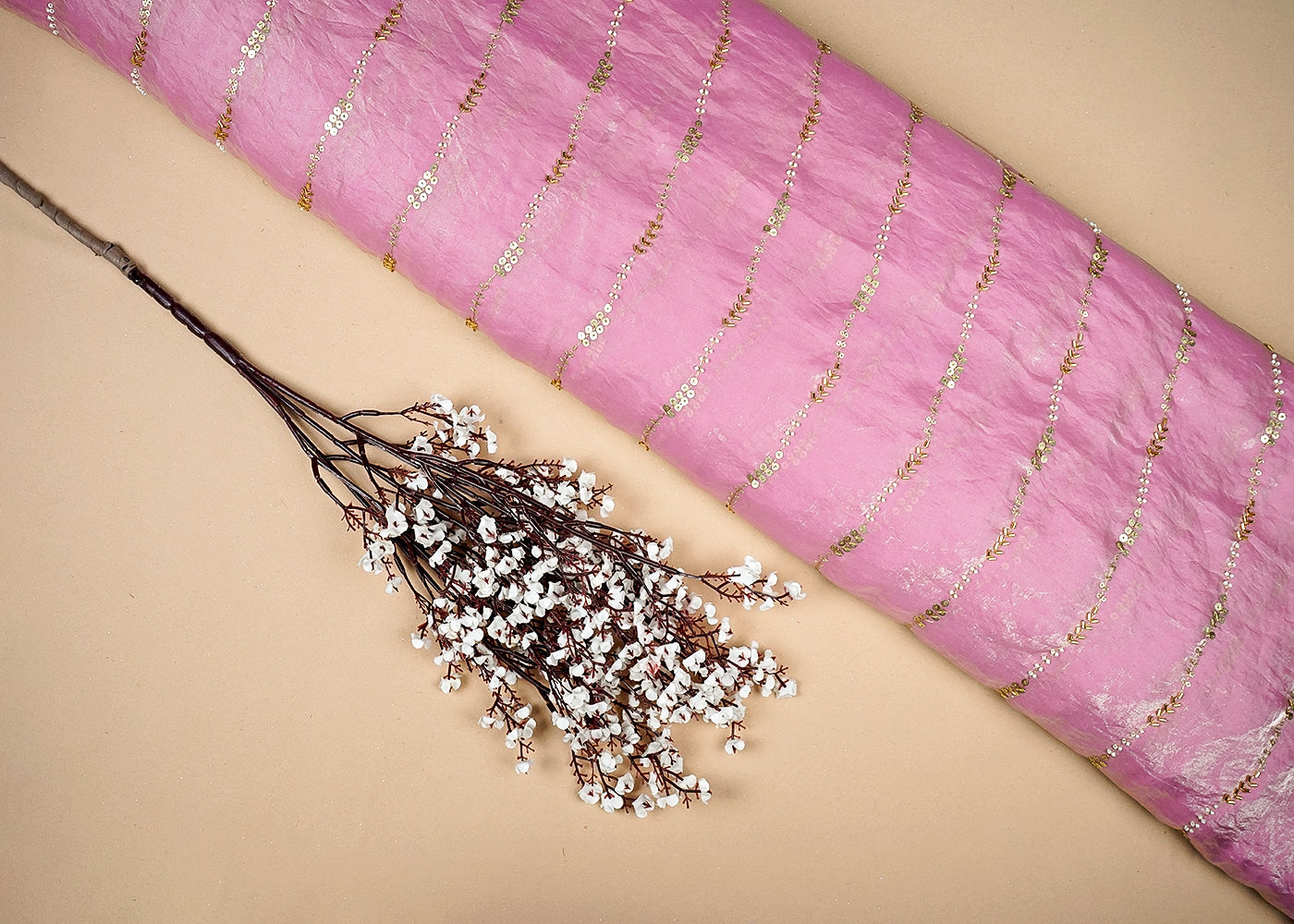 Light Pink Silk, Tissue Fabric With Allover Stripes Of Katdana, Sequins And Bead Work 16193