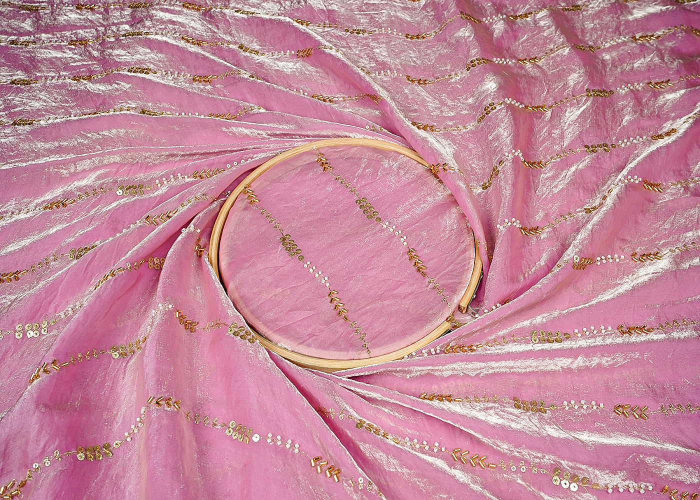 Light Pink Silk, Tissue Fabric With Allover Stripes Of Katdana, Sequins And Bead Work 16193