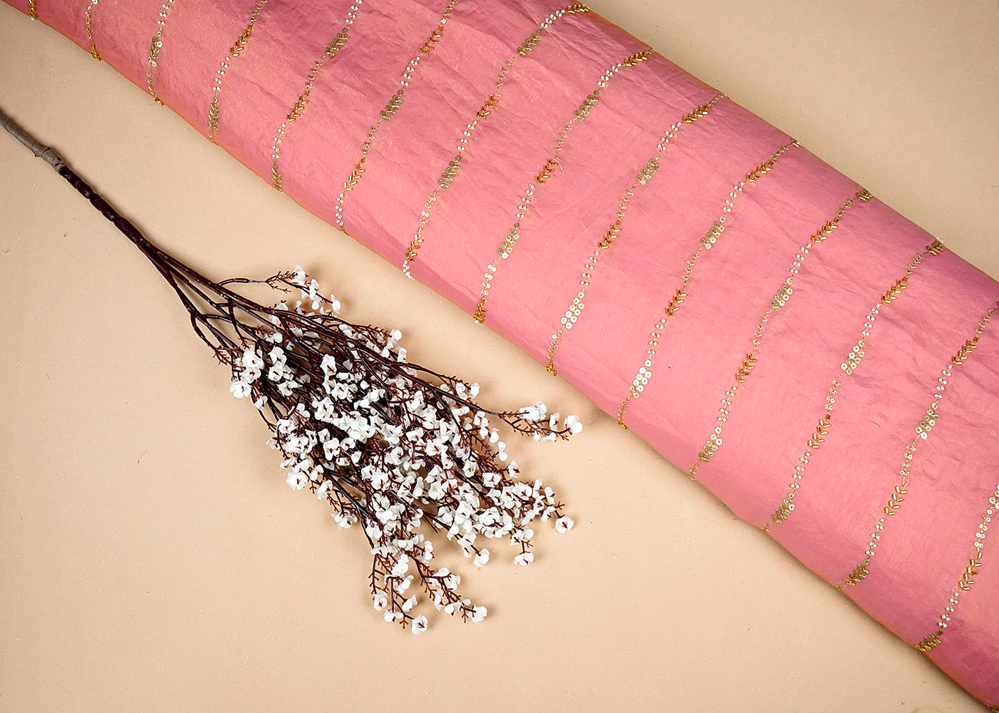 Baby Pink Silk, Tissue Fabric With Allover Stripes Of Katdana, Sequins And Bead Work 16194