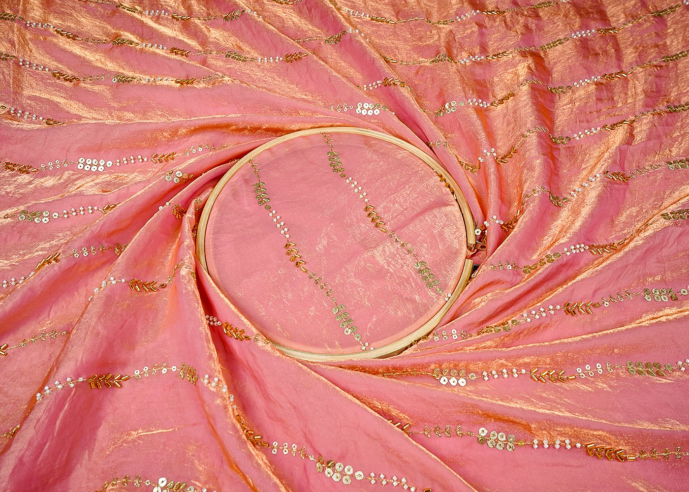 Baby Pink Silk, Tissue Fabric With Allover Stripes Of Katdana, Sequins And Bead Work 16194