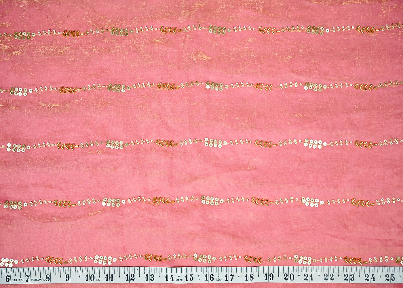 Baby Pink Silk, Tissue Fabric With Allover Stripes Of Katdana, Sequins And Bead Work 16194