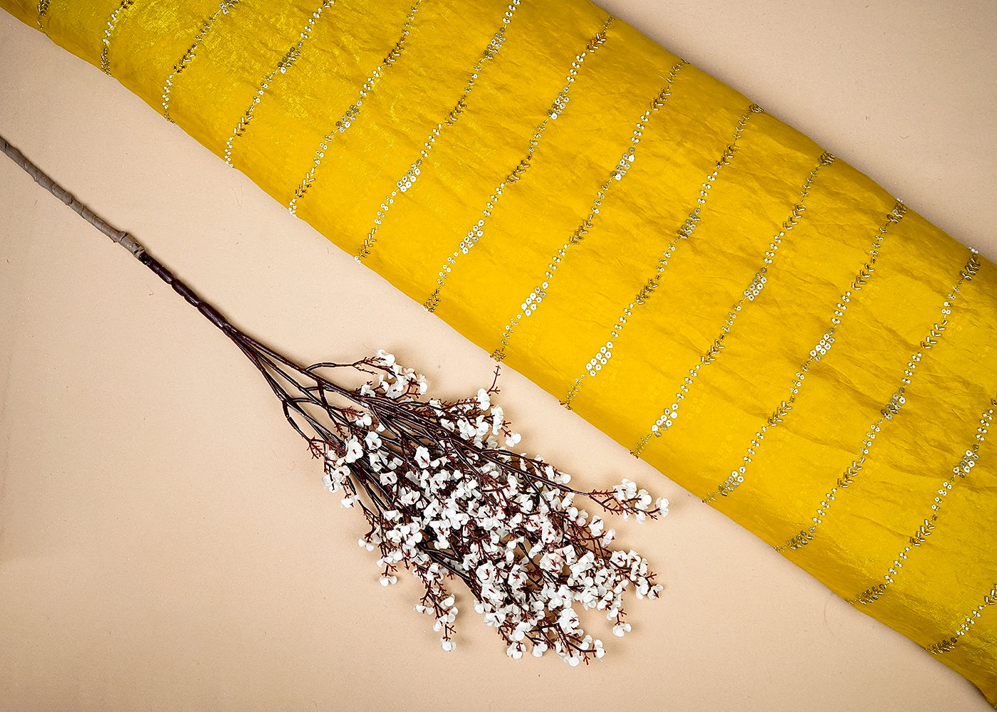 Lemon Yellow Silk, Tissue Fabric With Allover Stripeses Of Katdana, Sequins And Bead Work 16195