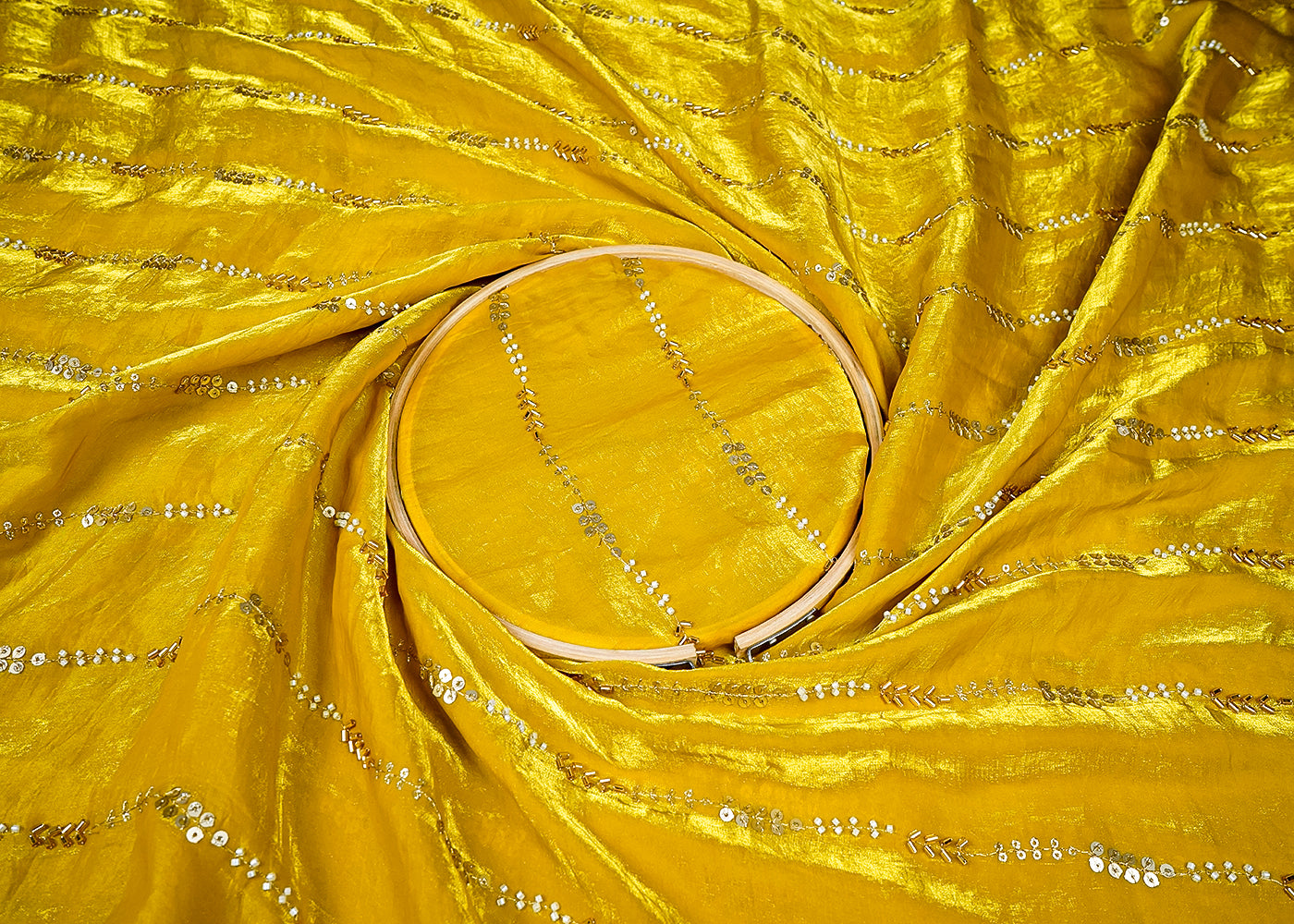 Lemon Yellow Silk, Tissue Fabric With Allover Stripeses Of Katdana, Sequins And Bead Work 16195