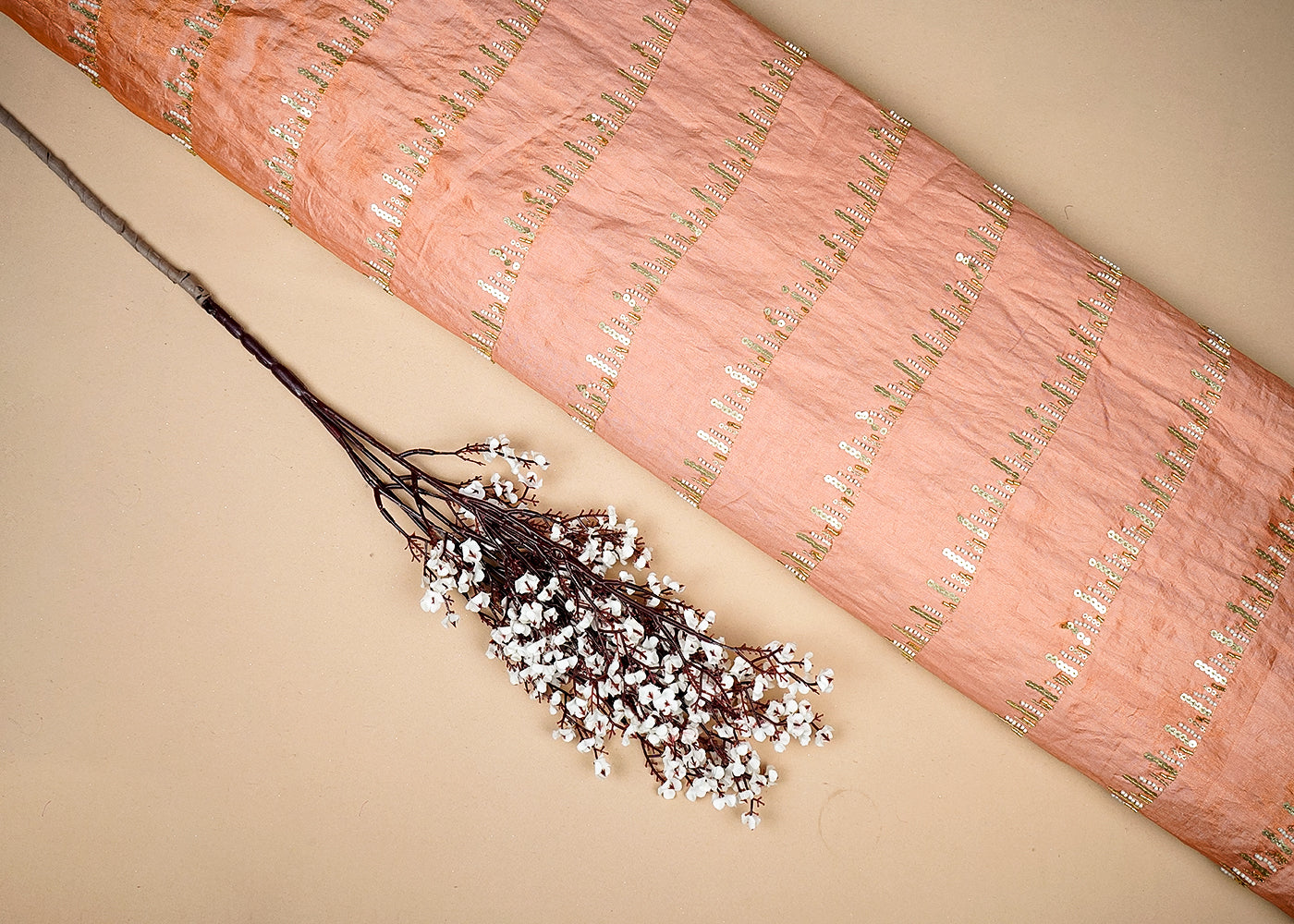 Peach Tissue Fabric With Allover Stripes Of Katdana, Sequins And Bead Work 16196