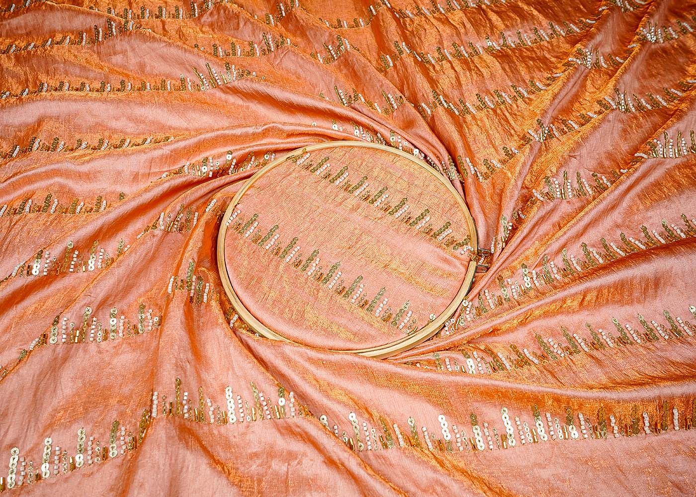 Peach Tissue Fabric With Allover Stripes Of Katdana, Sequins And Bead Work 16196