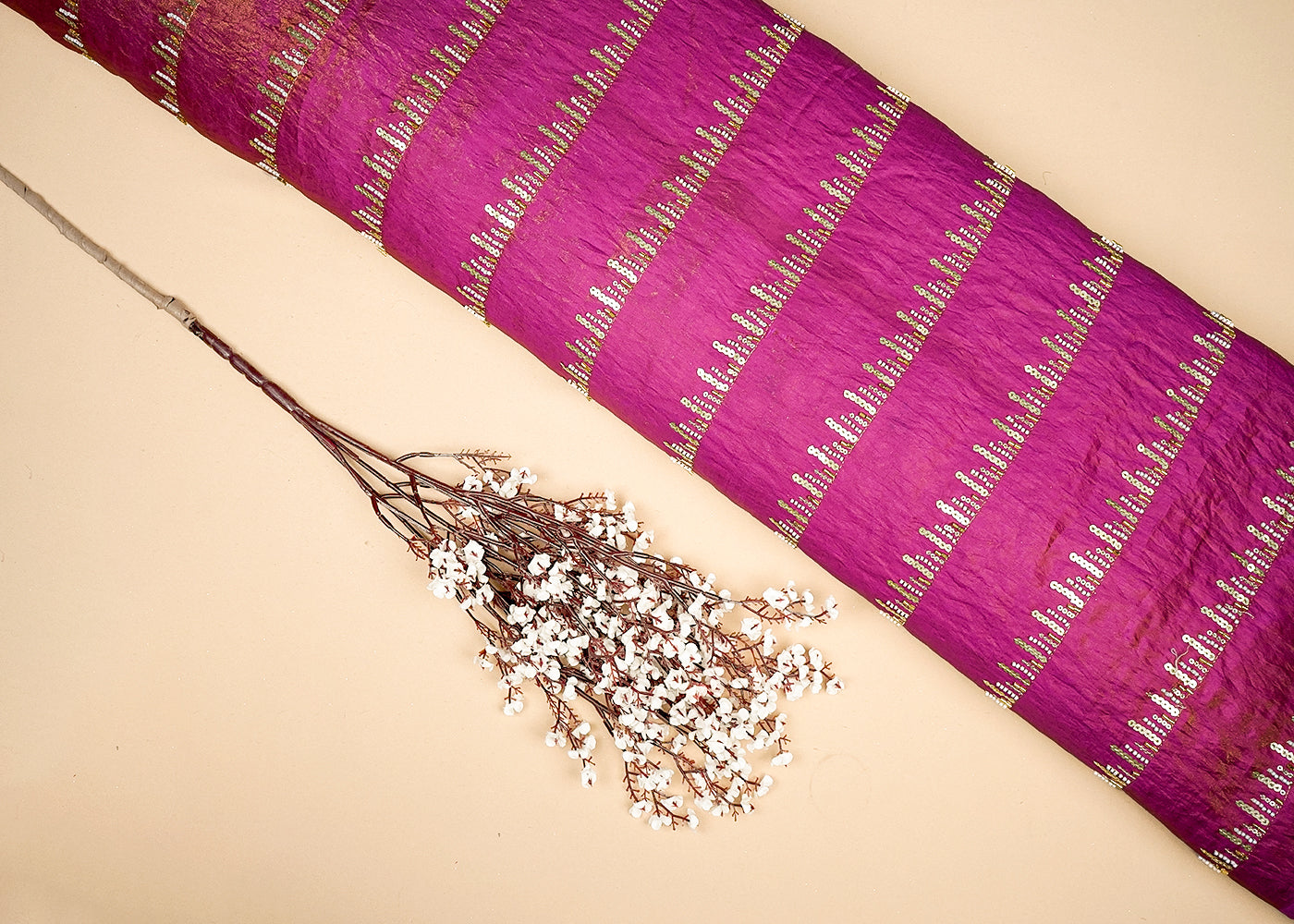 Magenta Tissue Fabric With Allover Stripes Of Katdana, Sequins And Bead Work 16197