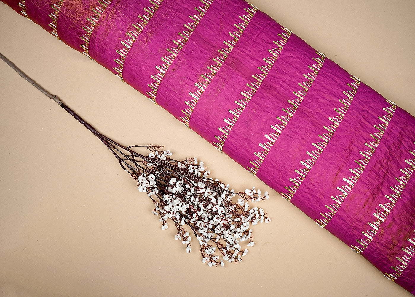 Magenta Tissue Fabric With Allover Stripes Of Katdana, Sequins And Bead Work 16197