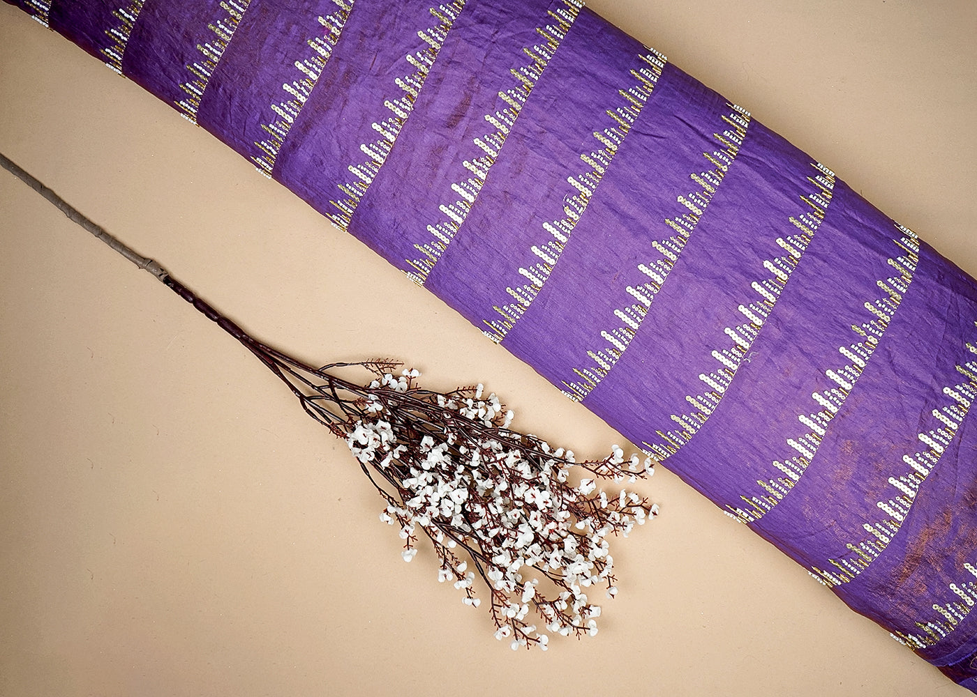 Purple Tissue Fabric With Allover Stripes Of Katdana, Sequins And Bead Work 16198