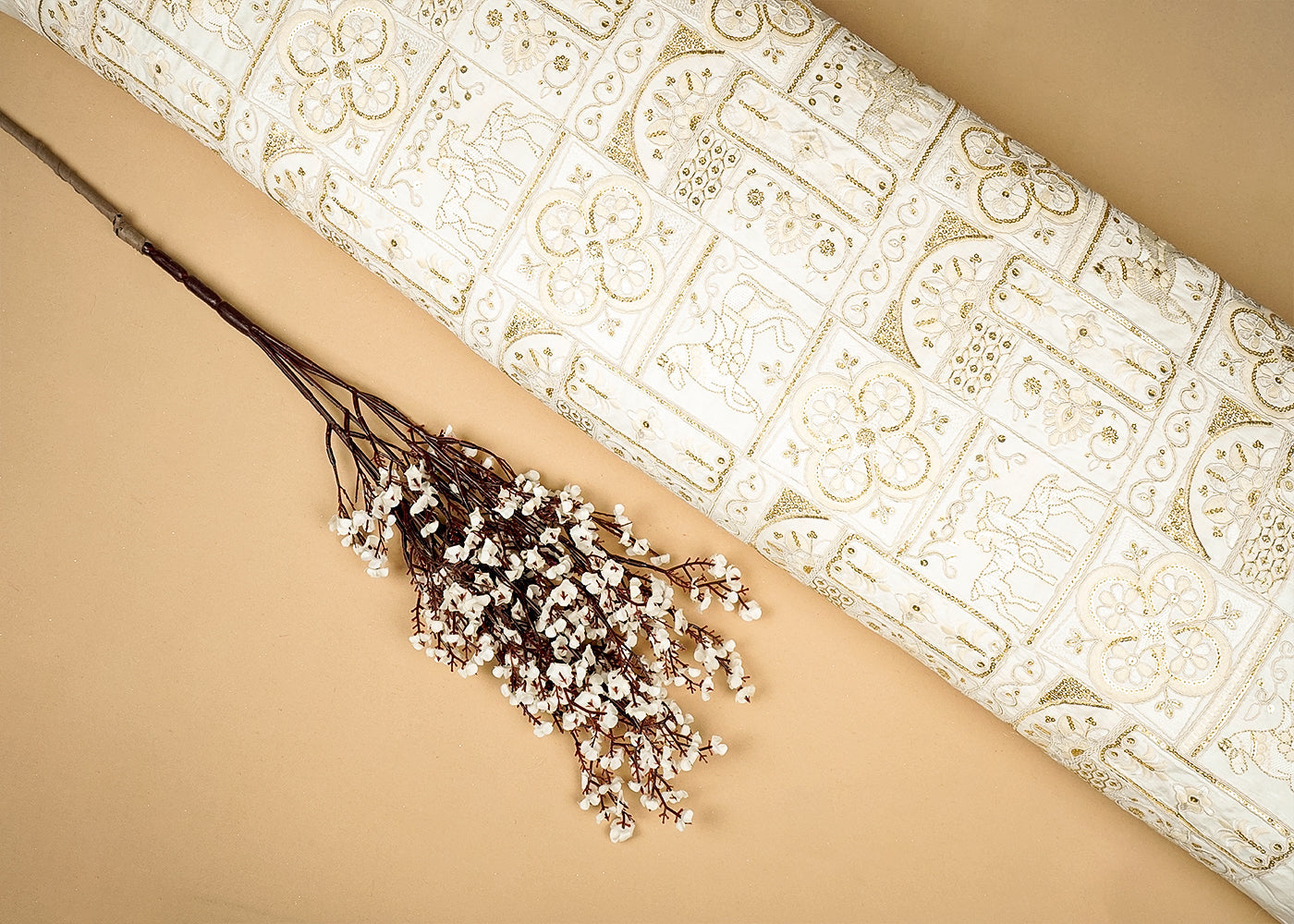 White Silk Dupion  Fabric With Allover Dori, Thread And Sequins Work 16200