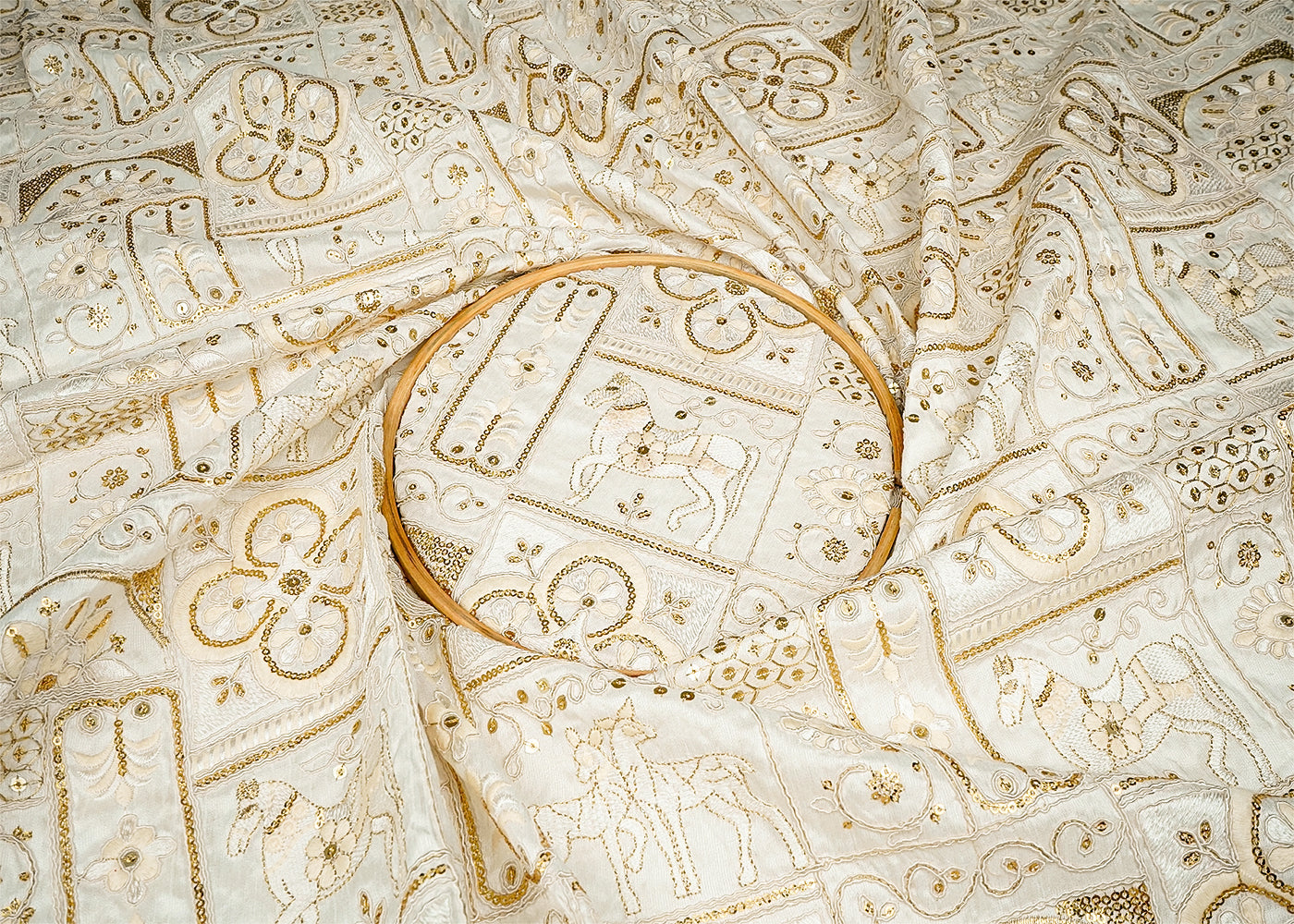 White Silk Dupion  Fabric With Allover Dori, Thread And Sequins Work 16200