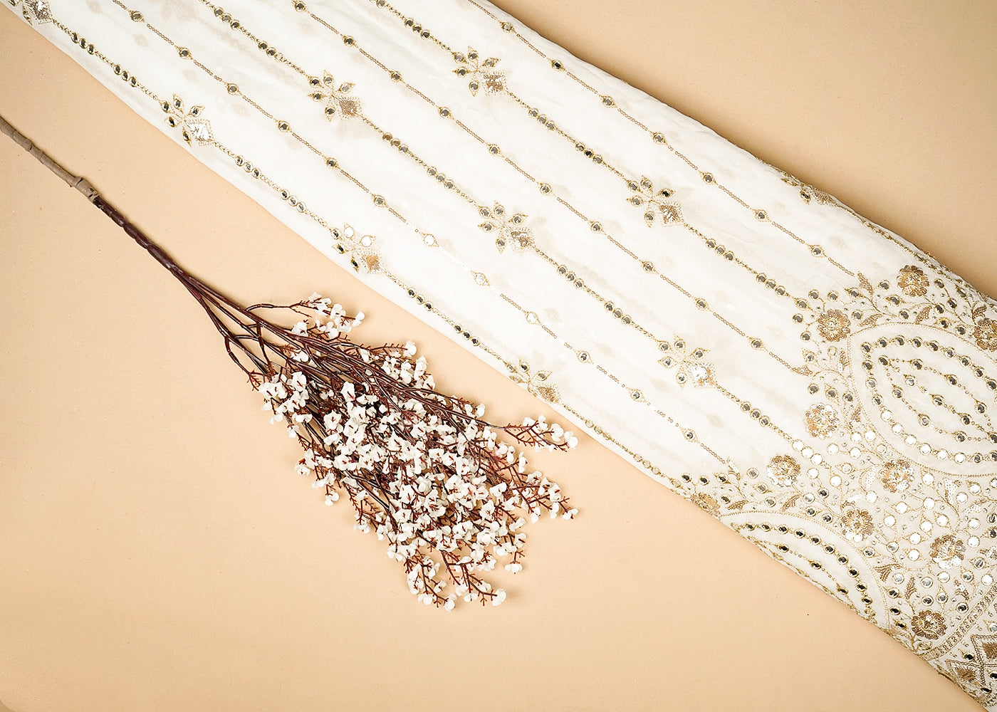 White Georgette Fabric With Allover Faux Mirror, Sequins And Zari Work 16201