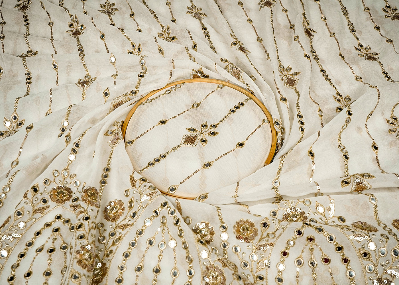 White Georgette Fabric With Allover Faux Mirror, Sequins And Zari Work 16201