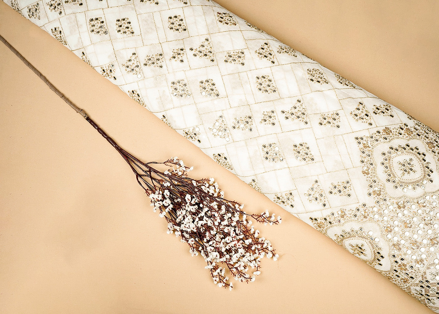 White Georgette Fabric With Allover Faux Mirror, Sequins And Zari Work 16202