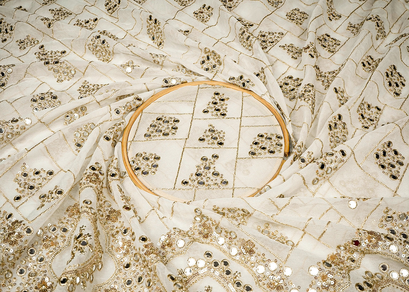 White Georgette Fabric With Allover Faux Mirror, Sequins And Zari Work 16202