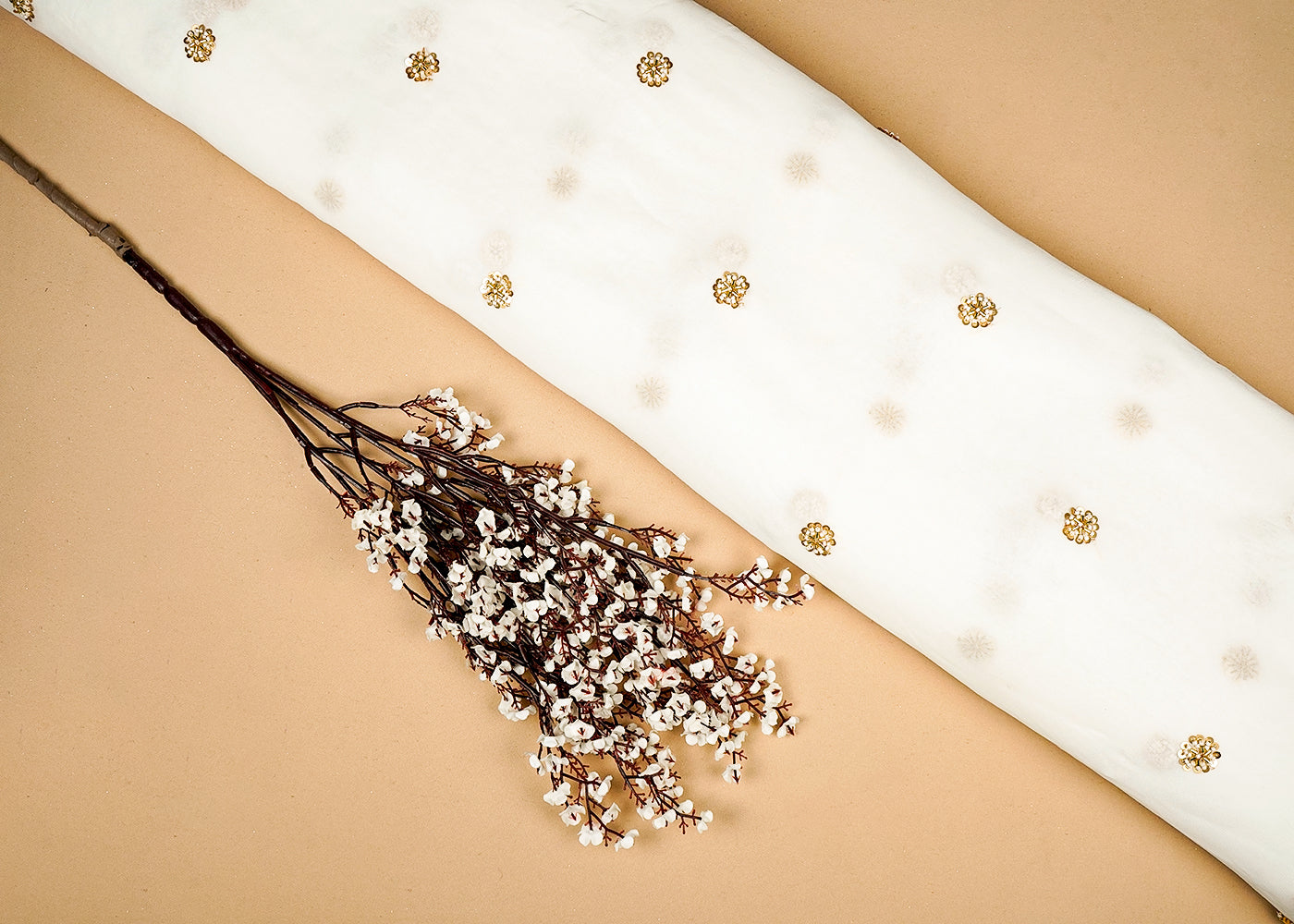 White Georgette Fabric Fabric With Allover Buti Of Sequins, Bead And Katdana Work 16203