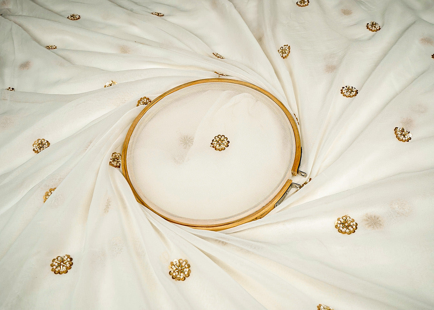 White Georgette Fabric Fabric With Allover Buti Of Sequins, Bead And Katdana Work 16203