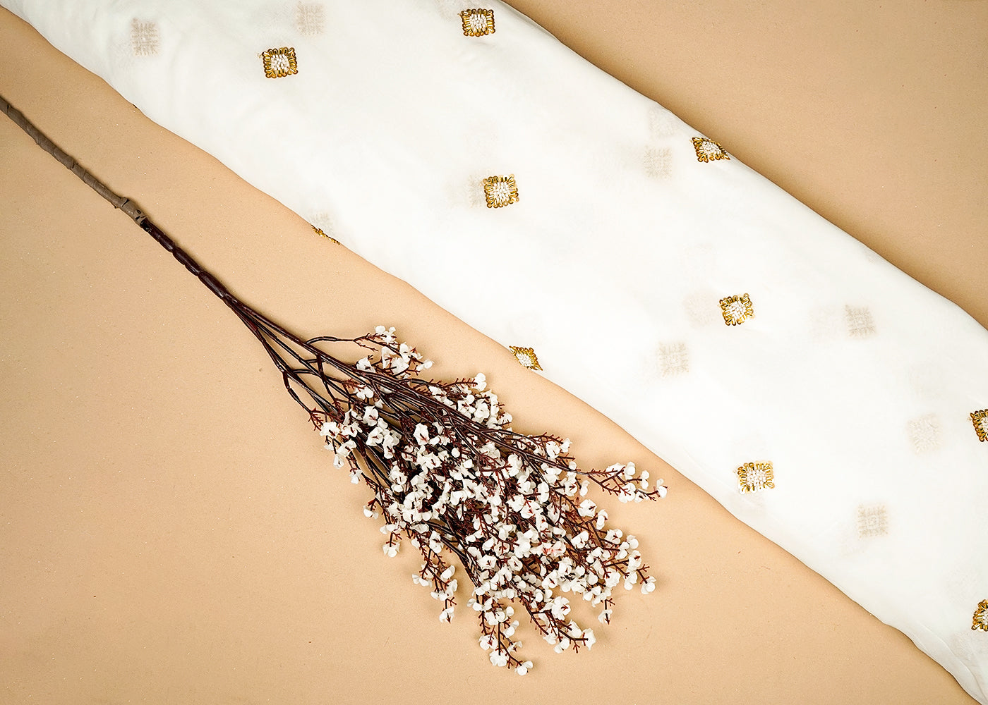 White Georgette Fabric With Allover Buti Of Sequins, Bead And Katdana Work 16204