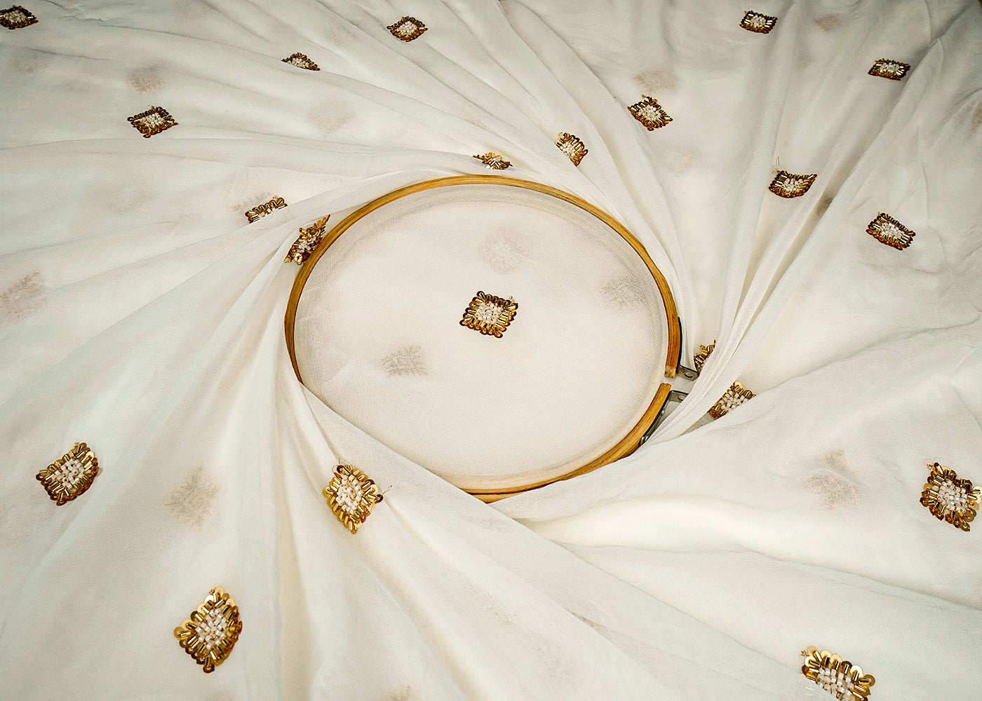 White Georgette Fabric With Allover Buti Of Sequins, Bead And Katdana Work 16204