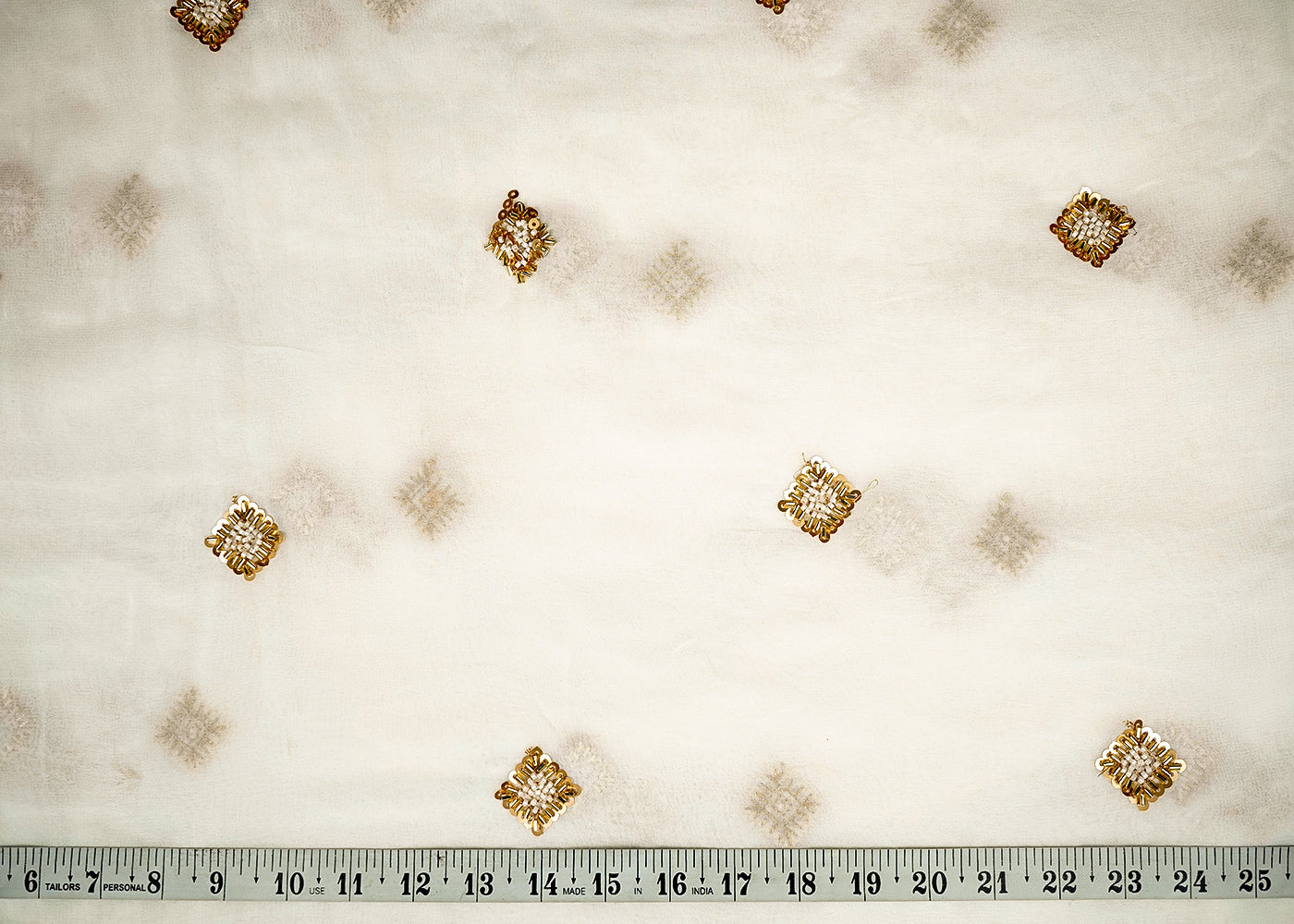 White Georgette Fabric With Allover Buti Of Sequins, Bead And Katdana Work 16204