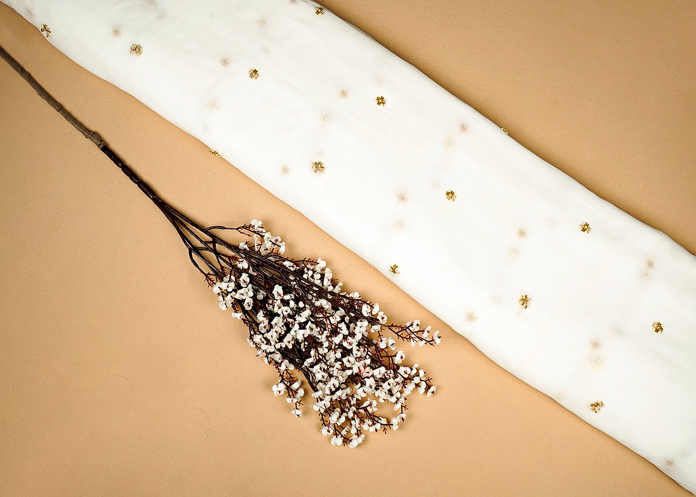 White Georgette Fabric With Allover Buti Of Sequins, Bead And Katdana Work 16205