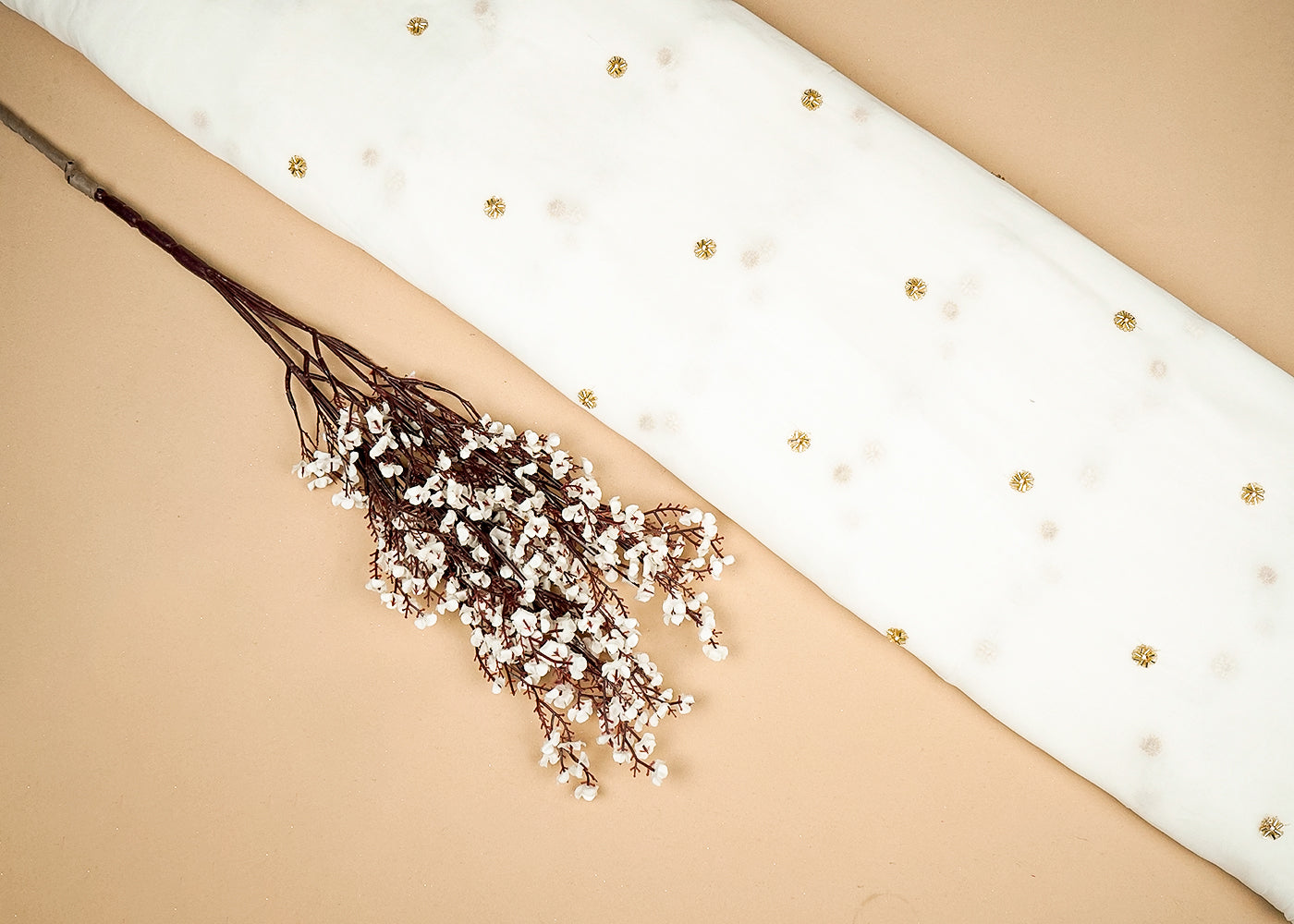 White Georgette Fabric With Allover Buti Of Sequins, Bead And Katdana Work 16206