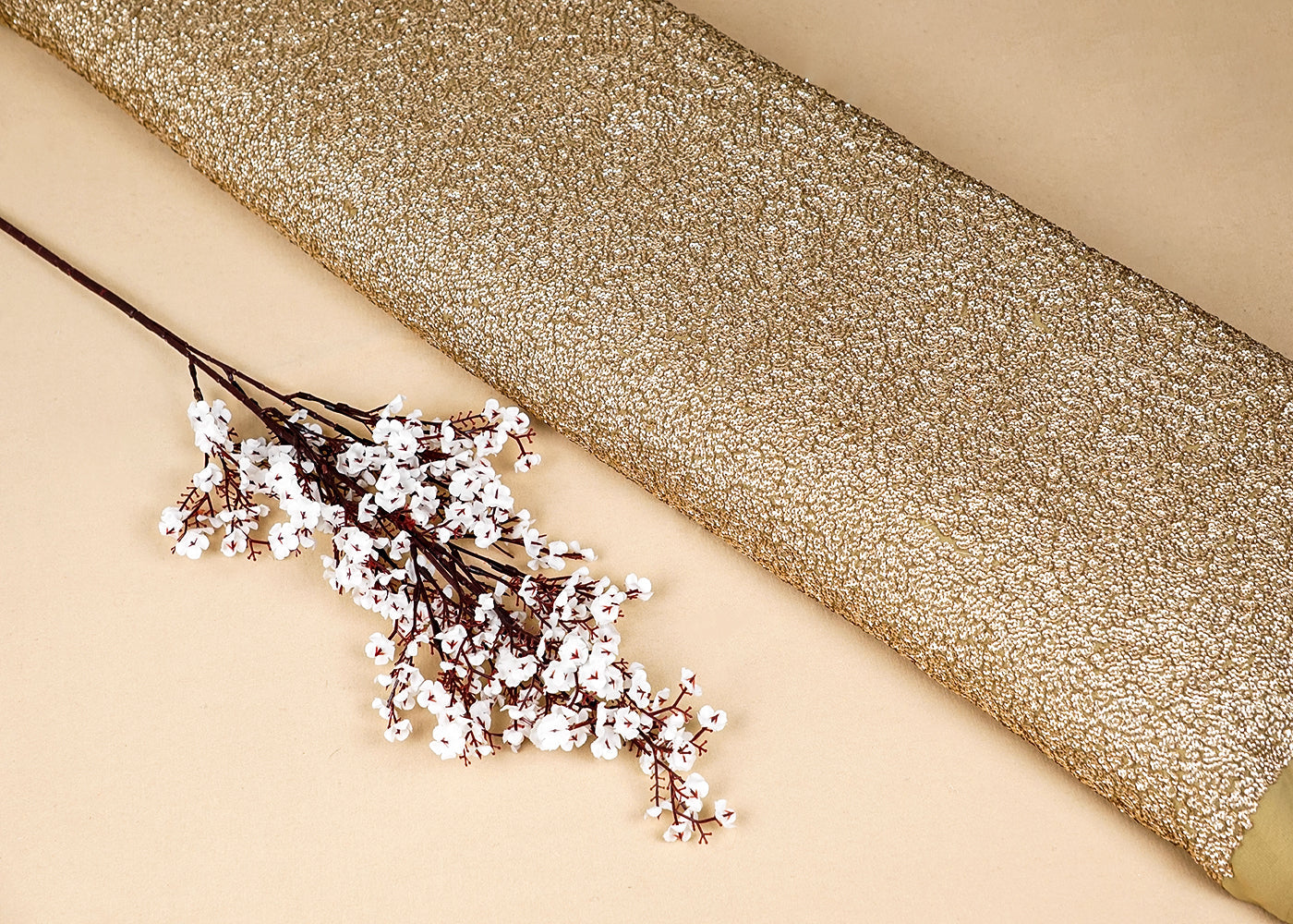 Gold Georgette Fabric With Allover Sequins Work 16216