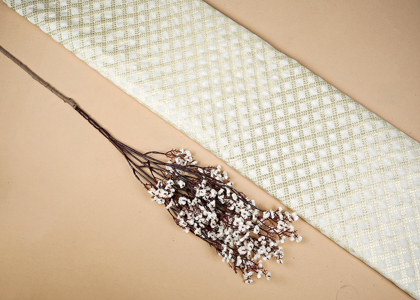 White Upada Silk Fabric With Allover Buti With Zari Handloom 16222