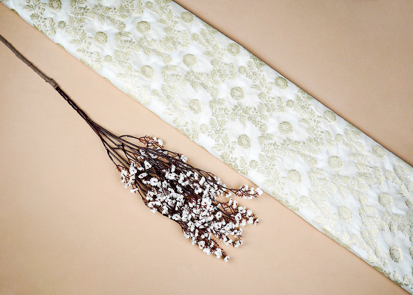 White Upada Silk Fabric With Allover Buti With Zari Handloom 16225