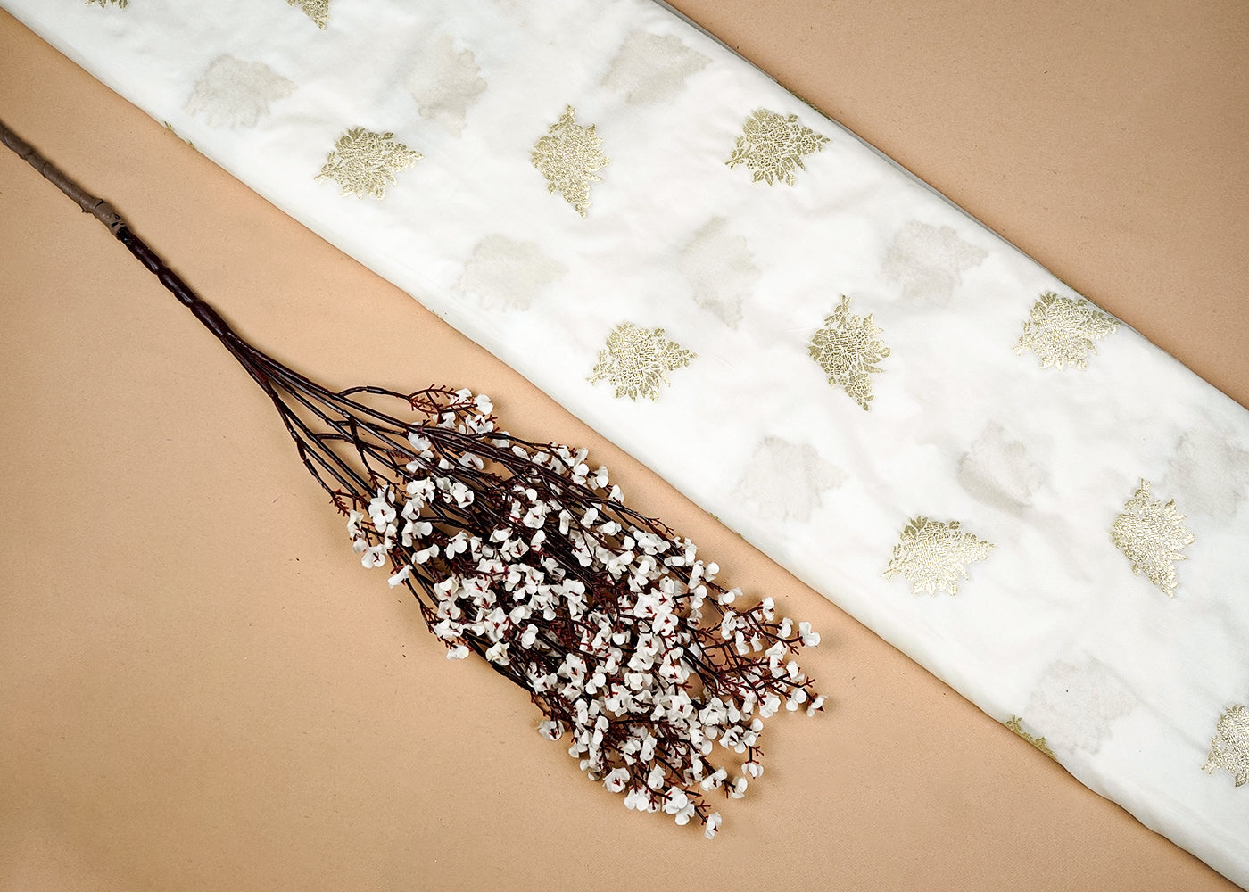 White Upada Silk Fabric With Allover Buti With Zari Handloom 16226