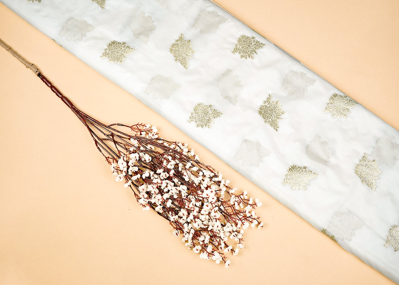 White Upada Silk Fabric With Allover Buti With Zari Handloom 16226