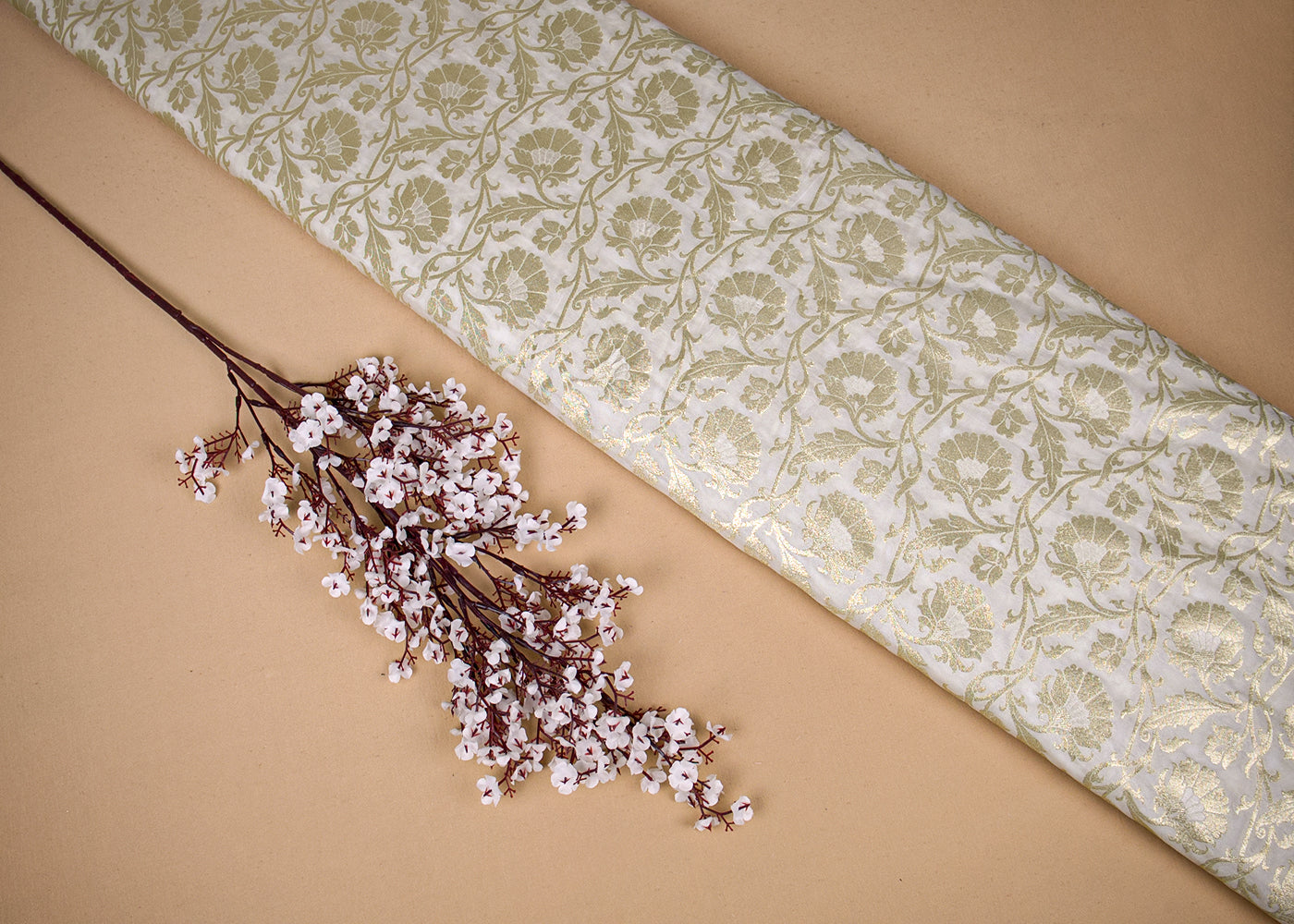 White Upada Silk Fabric With Allover Buti With Zari Handloom 16227