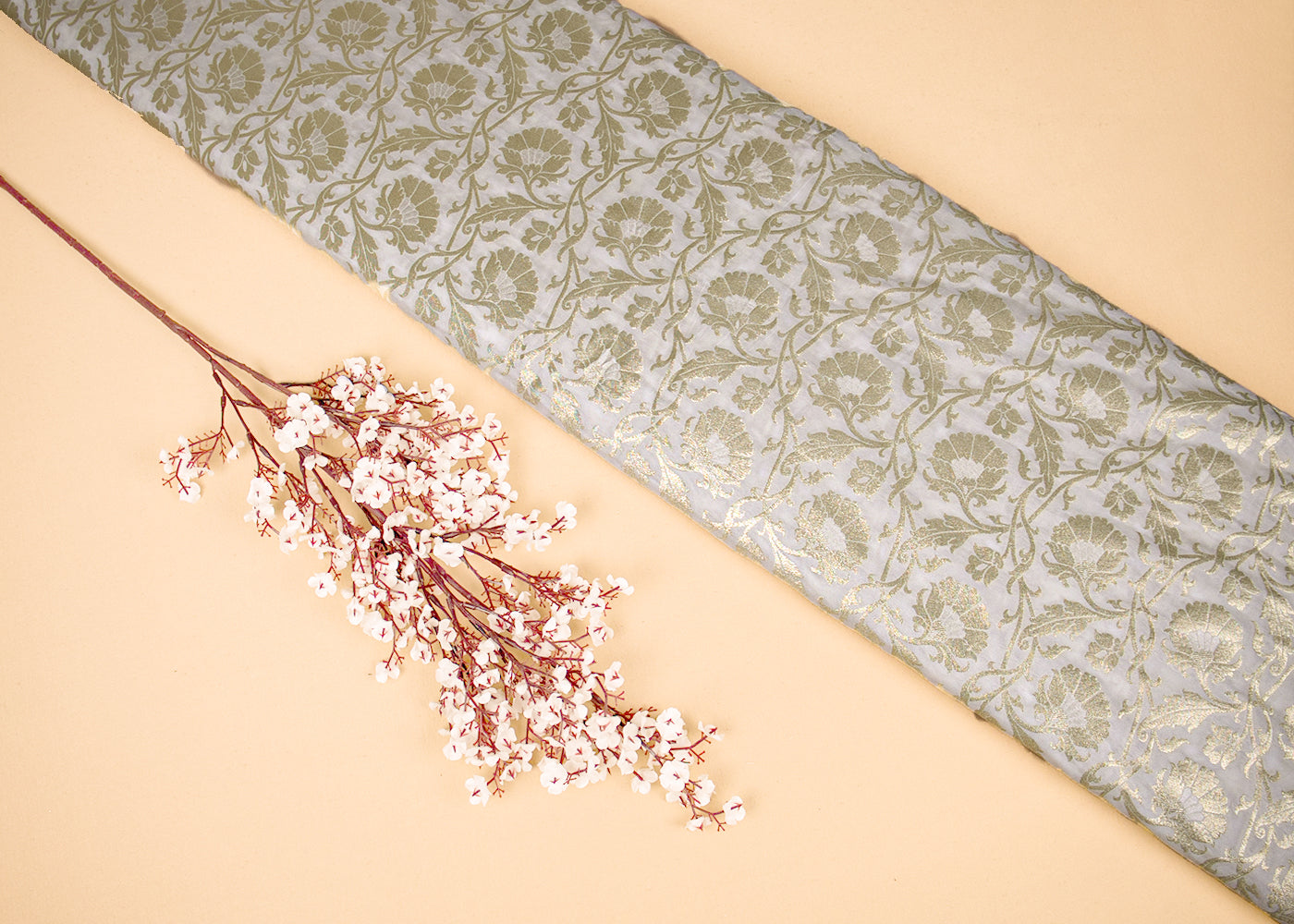 White Upada Silk Fabric With Allover Buti With Zari Handloom 16227