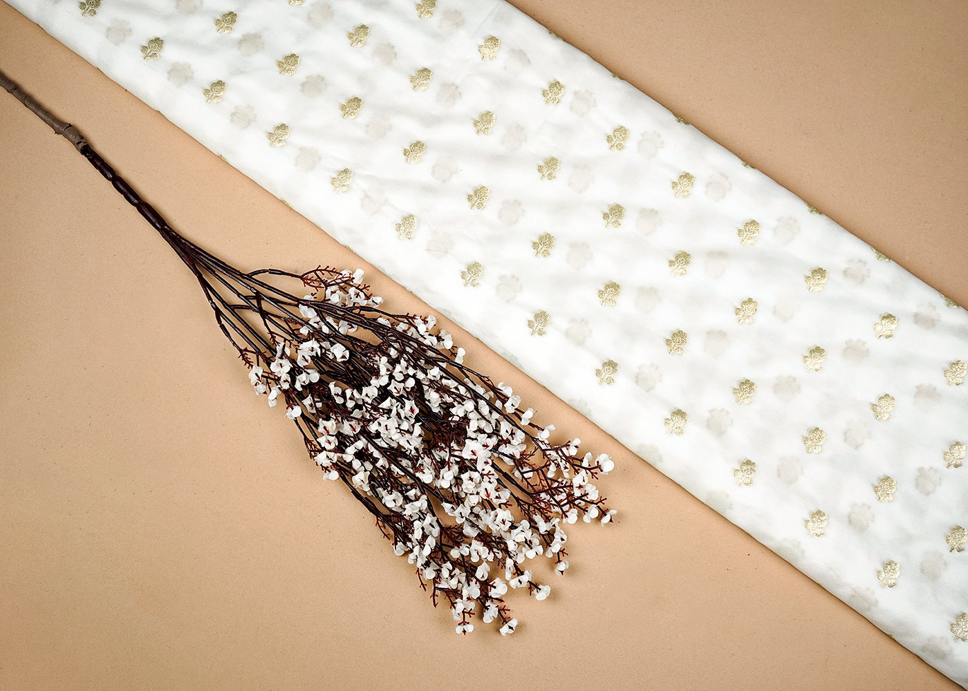 White Upada Silk Fabric With Allover Buti With Zari Handloom 16228