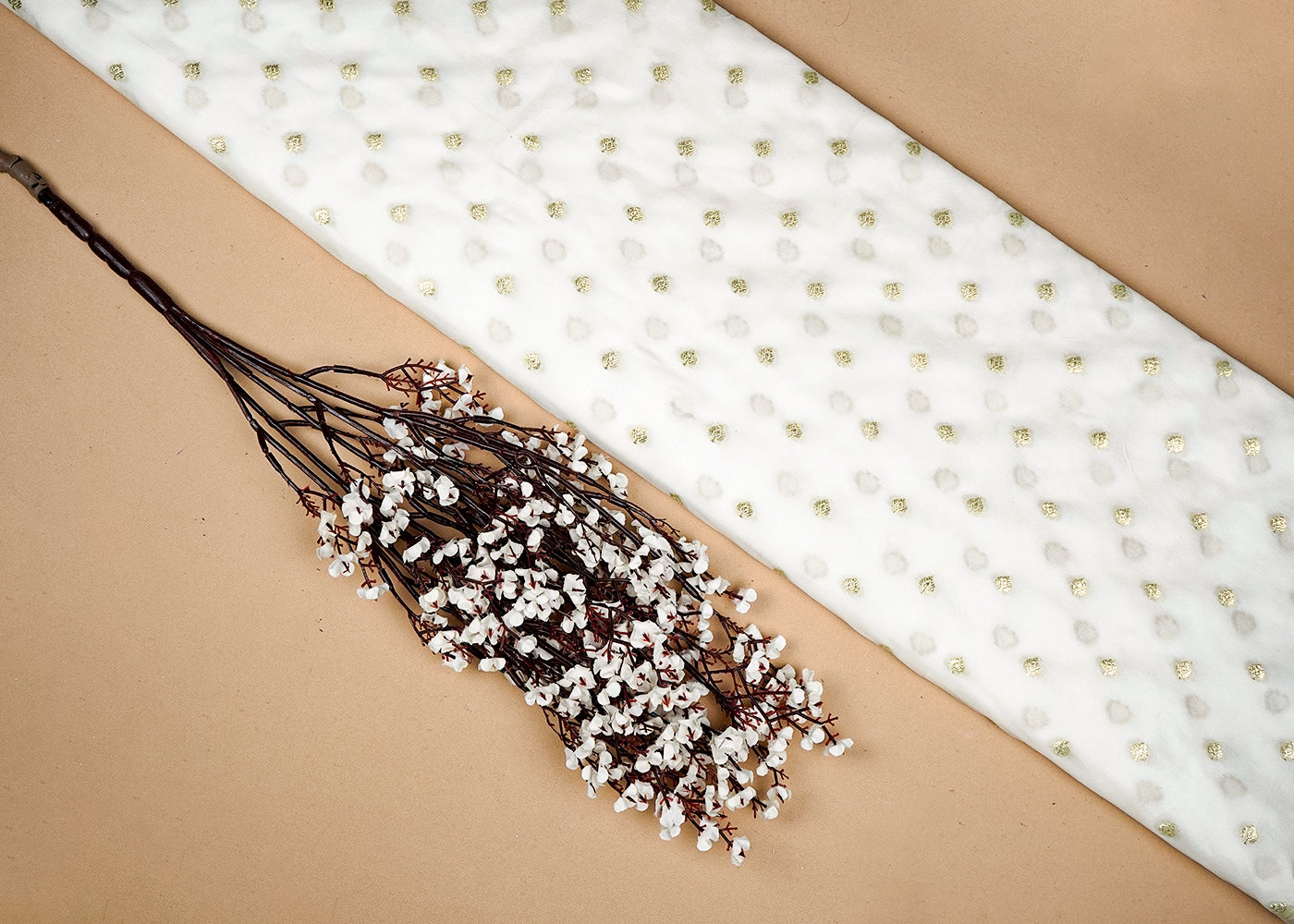 White Upada Silk Fabric With Allover Buti With Zari Handloom 16229