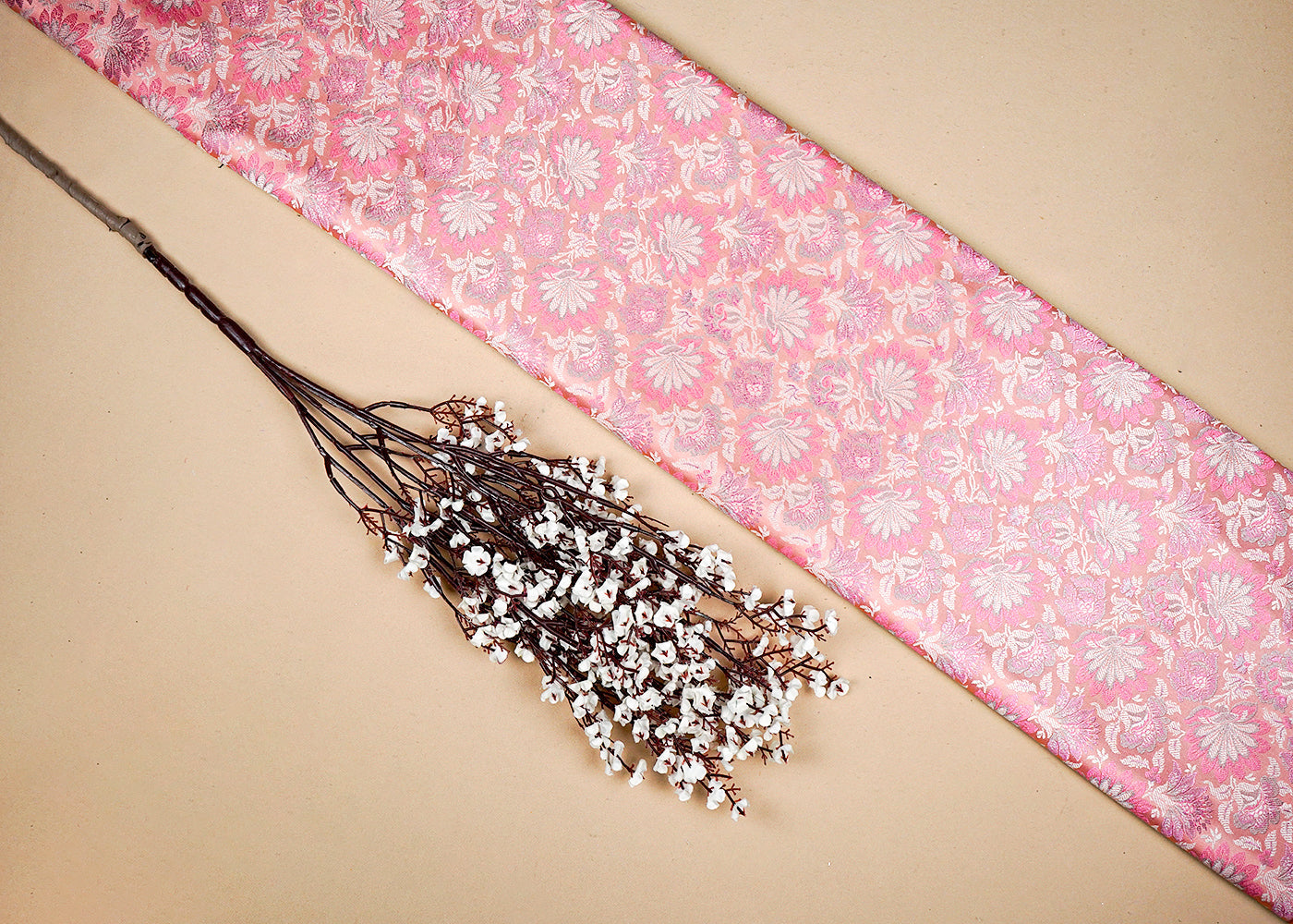 Peach Banarasi Brocade Fabric With Allover Golden Zari Handloom 16233