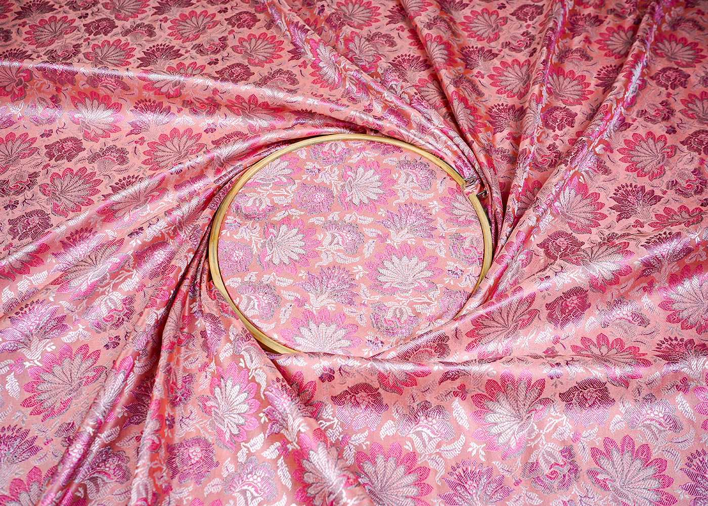 Peach Banarasi Brocade Fabric With Allover Golden Zari Handloom 16233