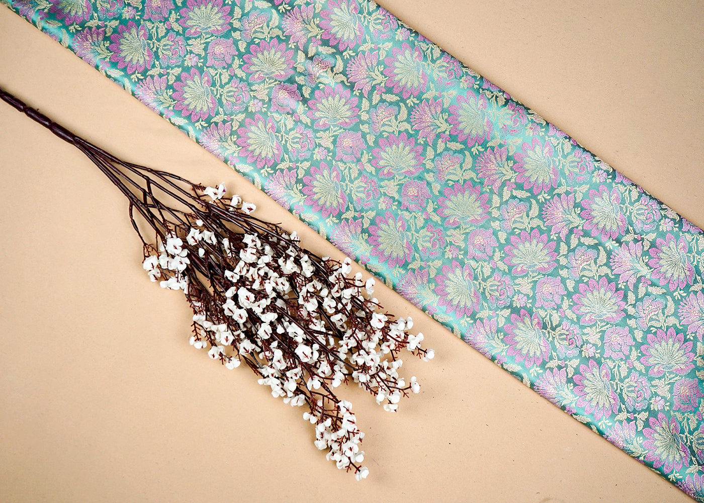 Sky Blue Banarasi Brocade Fabric With Allover Golden Zari Handloom 16234