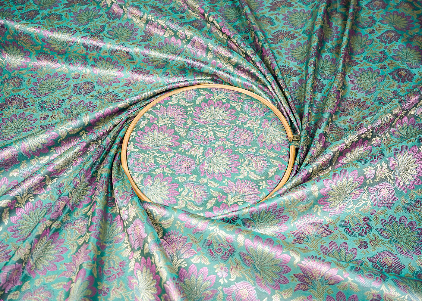 Sky Blue Banarasi Brocade Fabric With Allover Golden Zari Handloom 16234