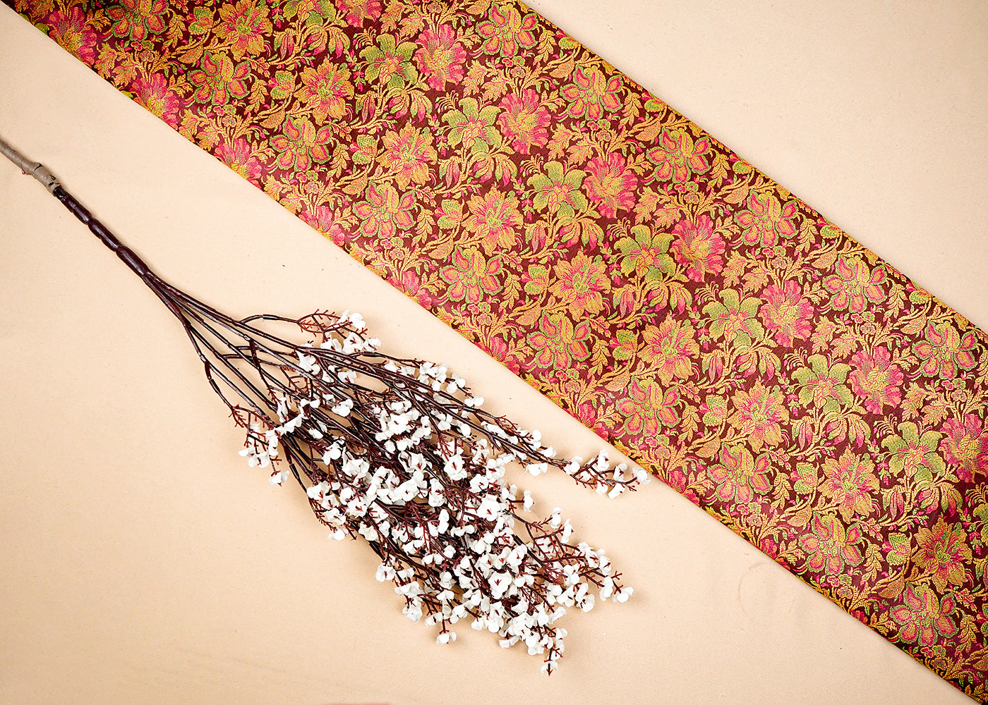 Light Golden Banarasi Brocade Fabric With Allover Golden Zari Handloom 16235