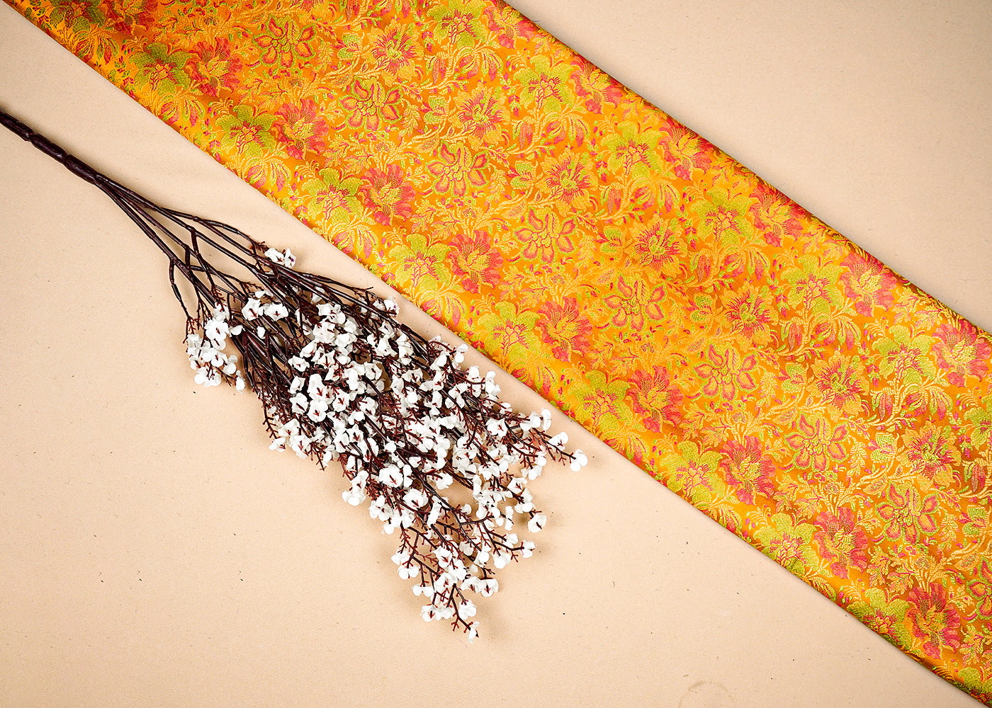 Mustard Banarasi Brocade Fabric With Allover Golden Zari Handloom 16236
