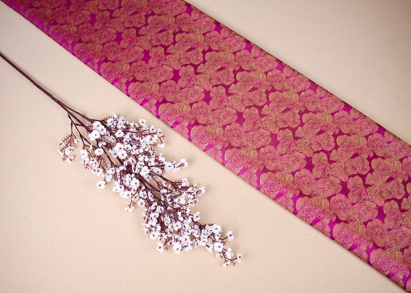 Purple Banarasi Brocade Fabric With Allover Golden Zari Handloom 16239