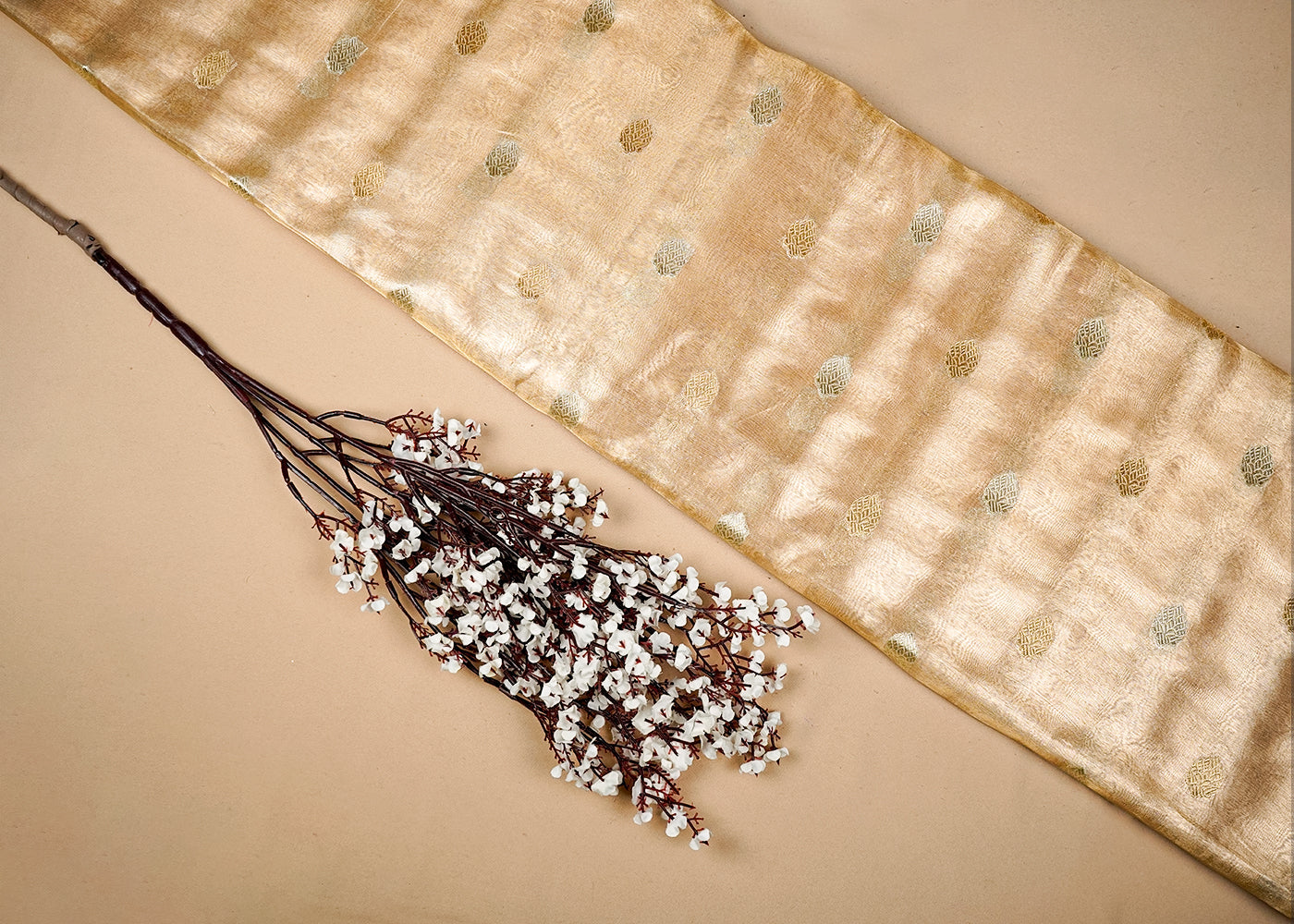 Golden Pure Tissue Fabric With Allover Silver And Golden Buti Work 16250